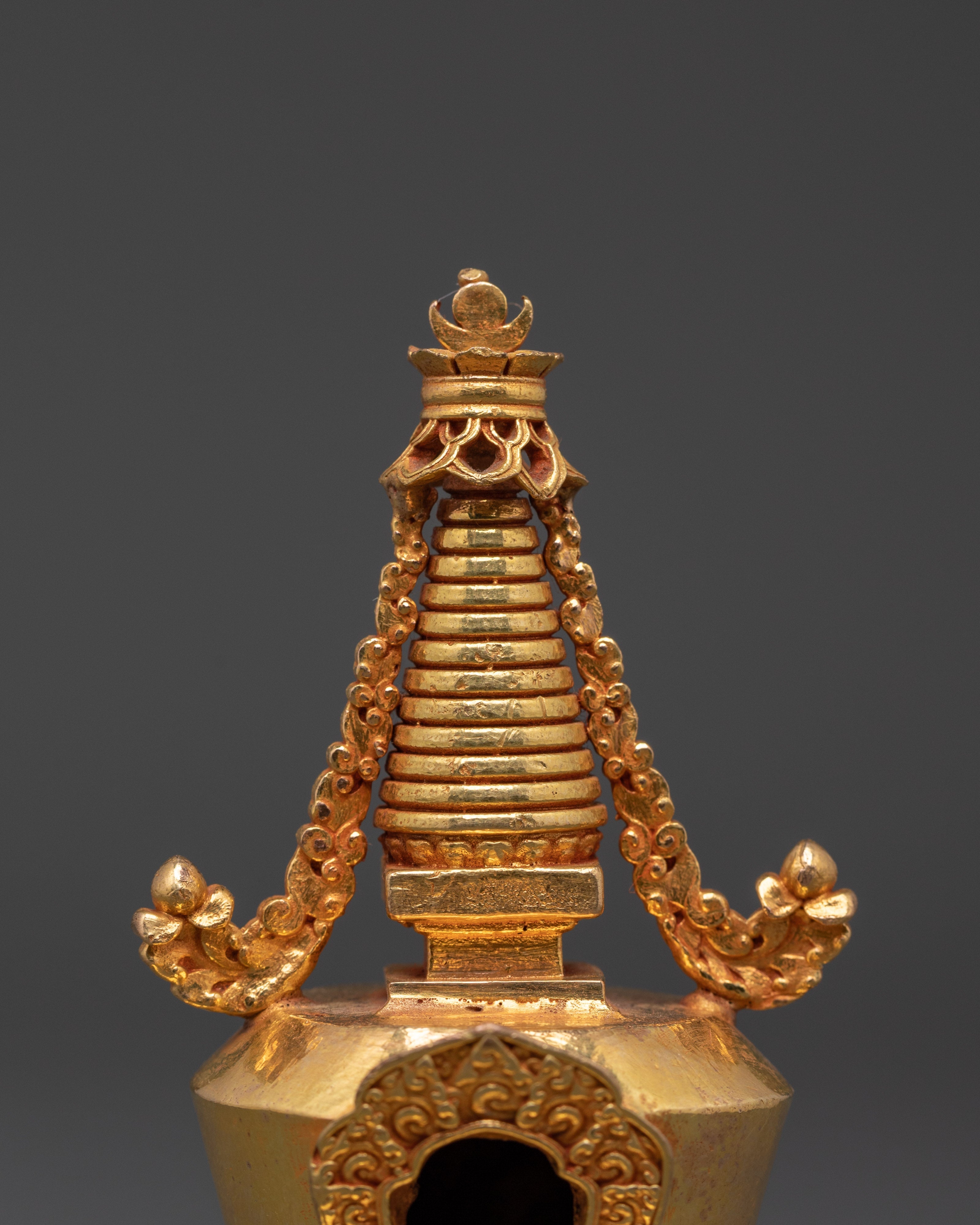 Handcrafted Buddhist Spiritual Copper Stupa Statue | Gold Plated Tibetan Decor