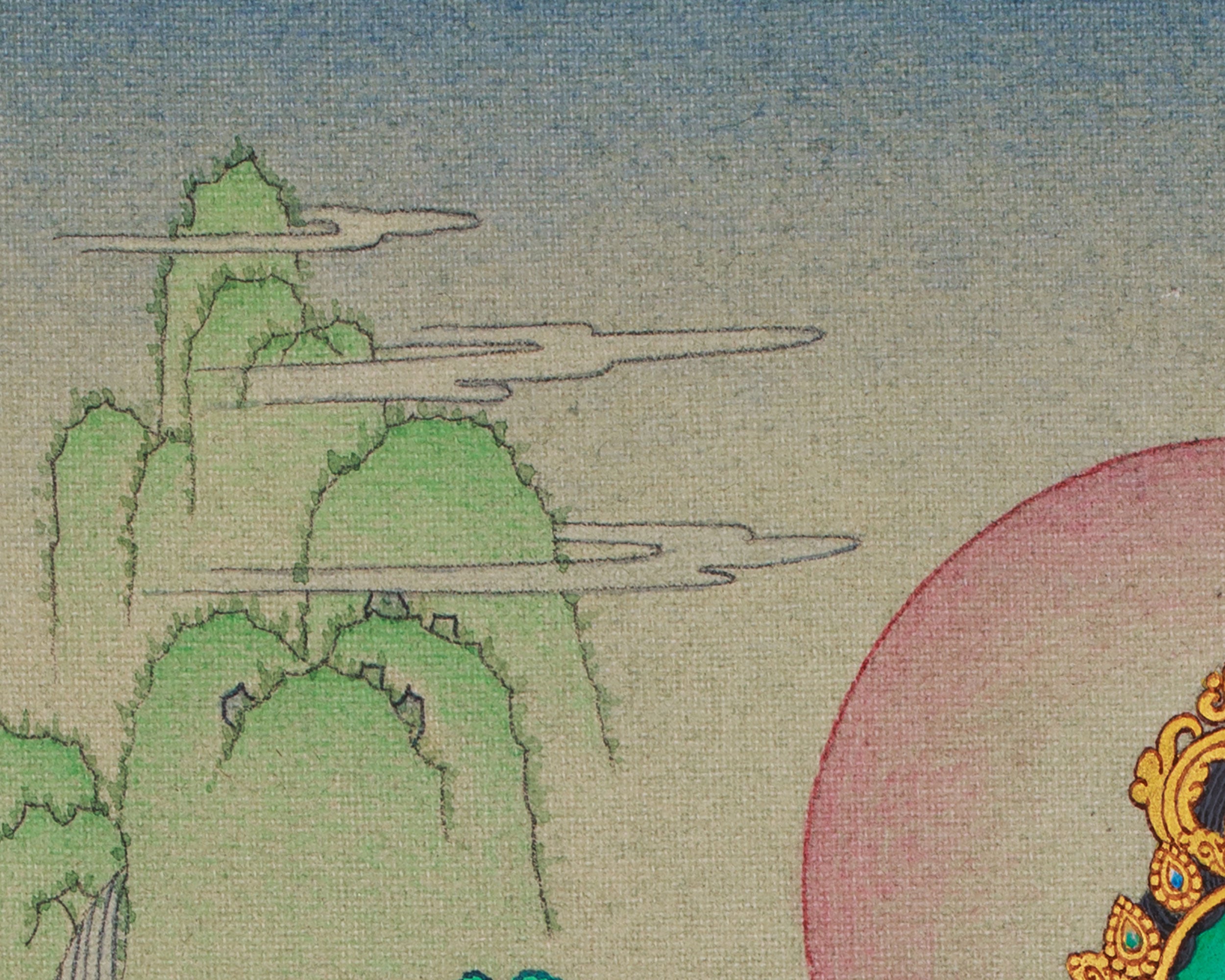 Green Tara: Small but Detailed Thangka in Lhasa Stone Colors