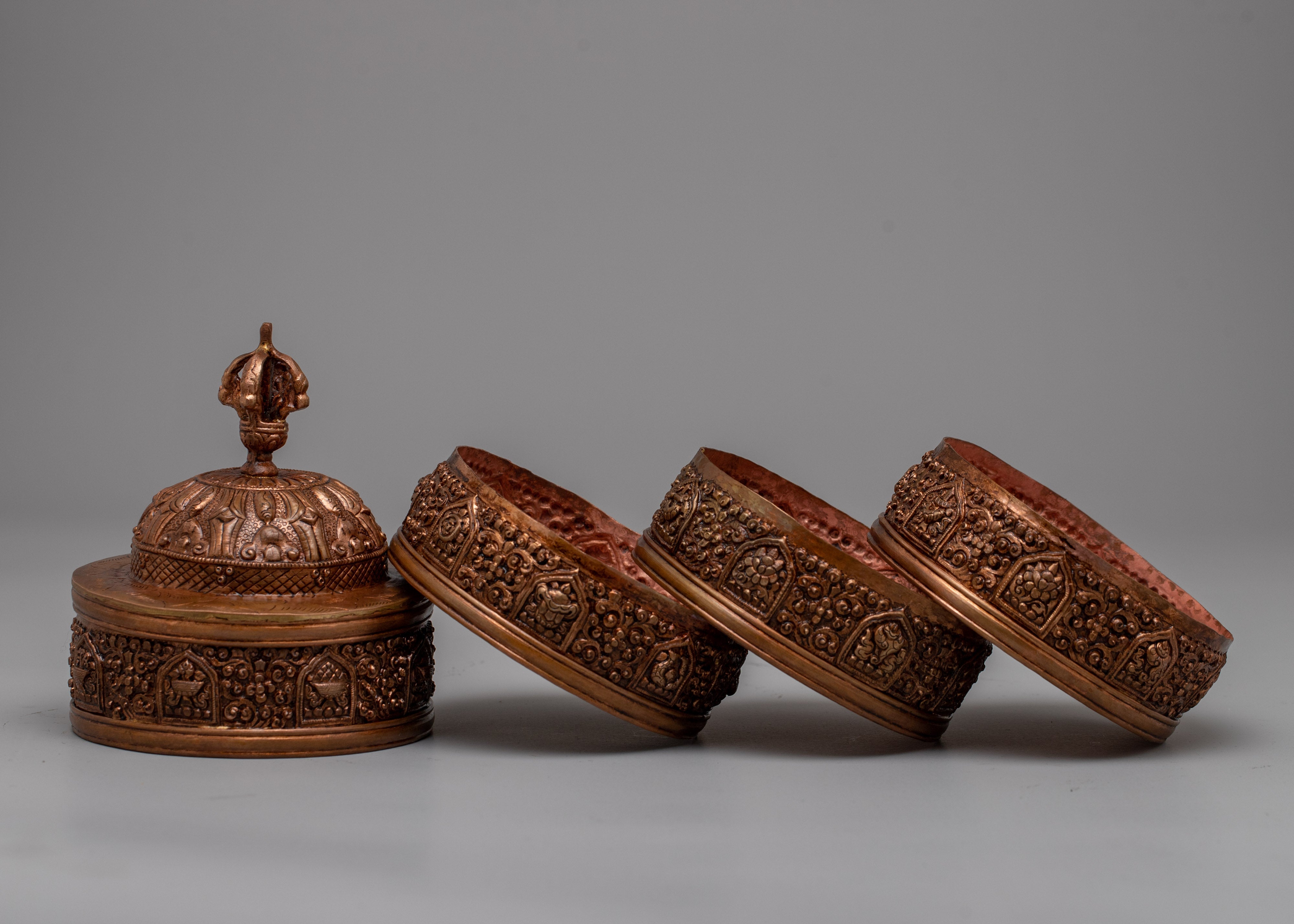 4 Tiered Tibetan Ritual Rice Pot | Exquisite Craftsmanship for Sacred Offerings