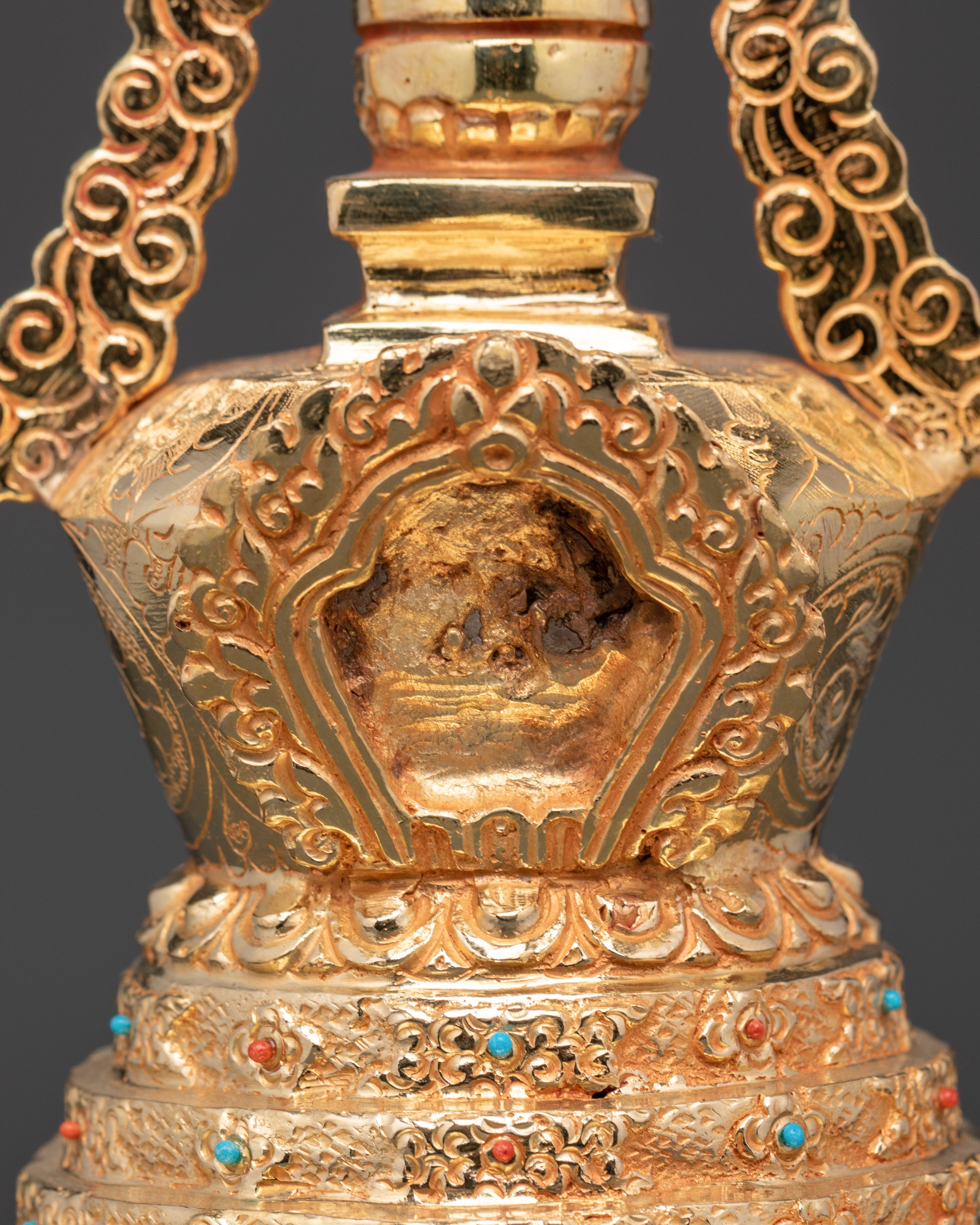 Gold-Plated Stupa Ritual Artifact | Handcrafted Copper Tibetan Stupa with Turquoise