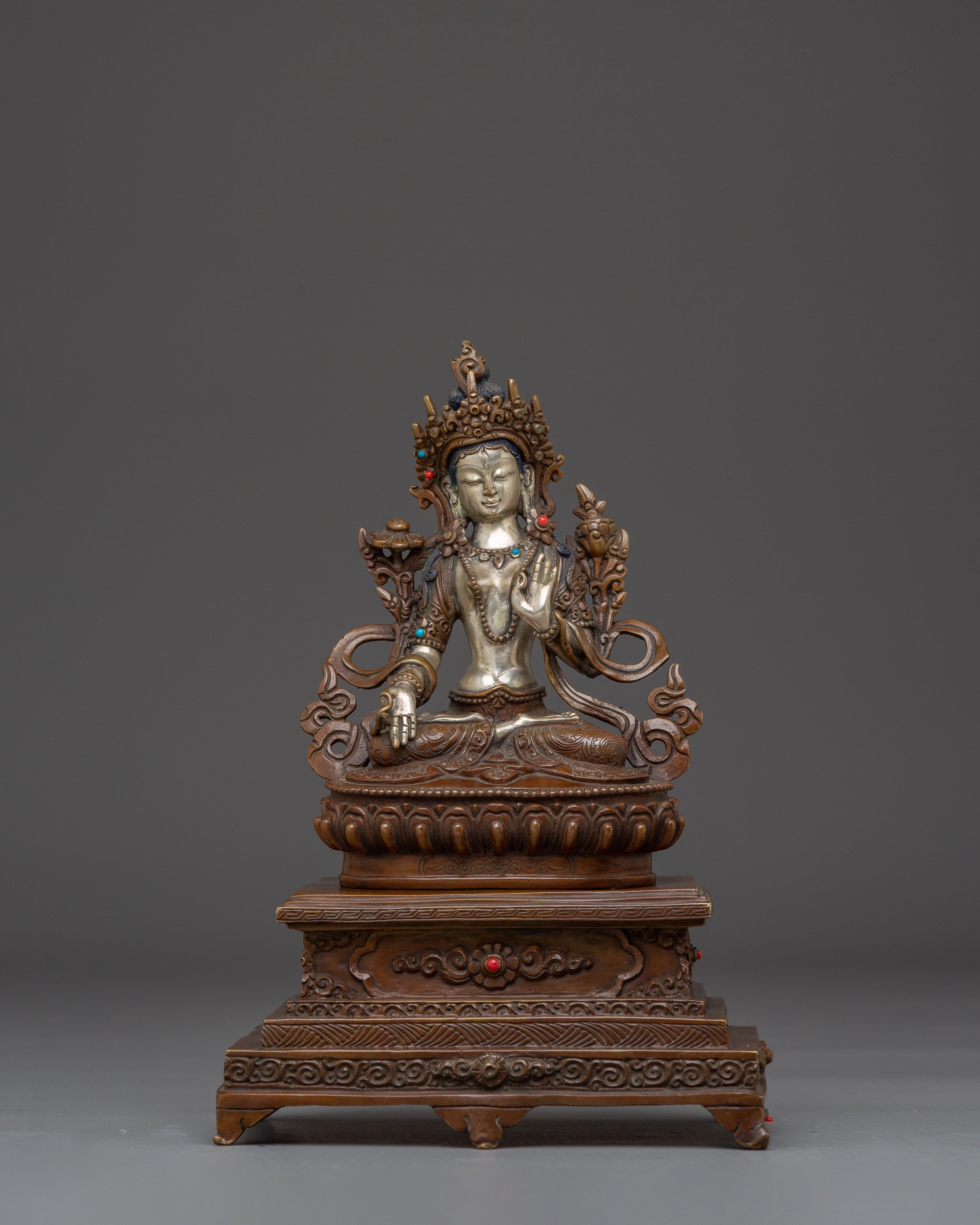 Silver and Copper White Tara Statue with Throne | Healing, Longevity & Spiritual Decor