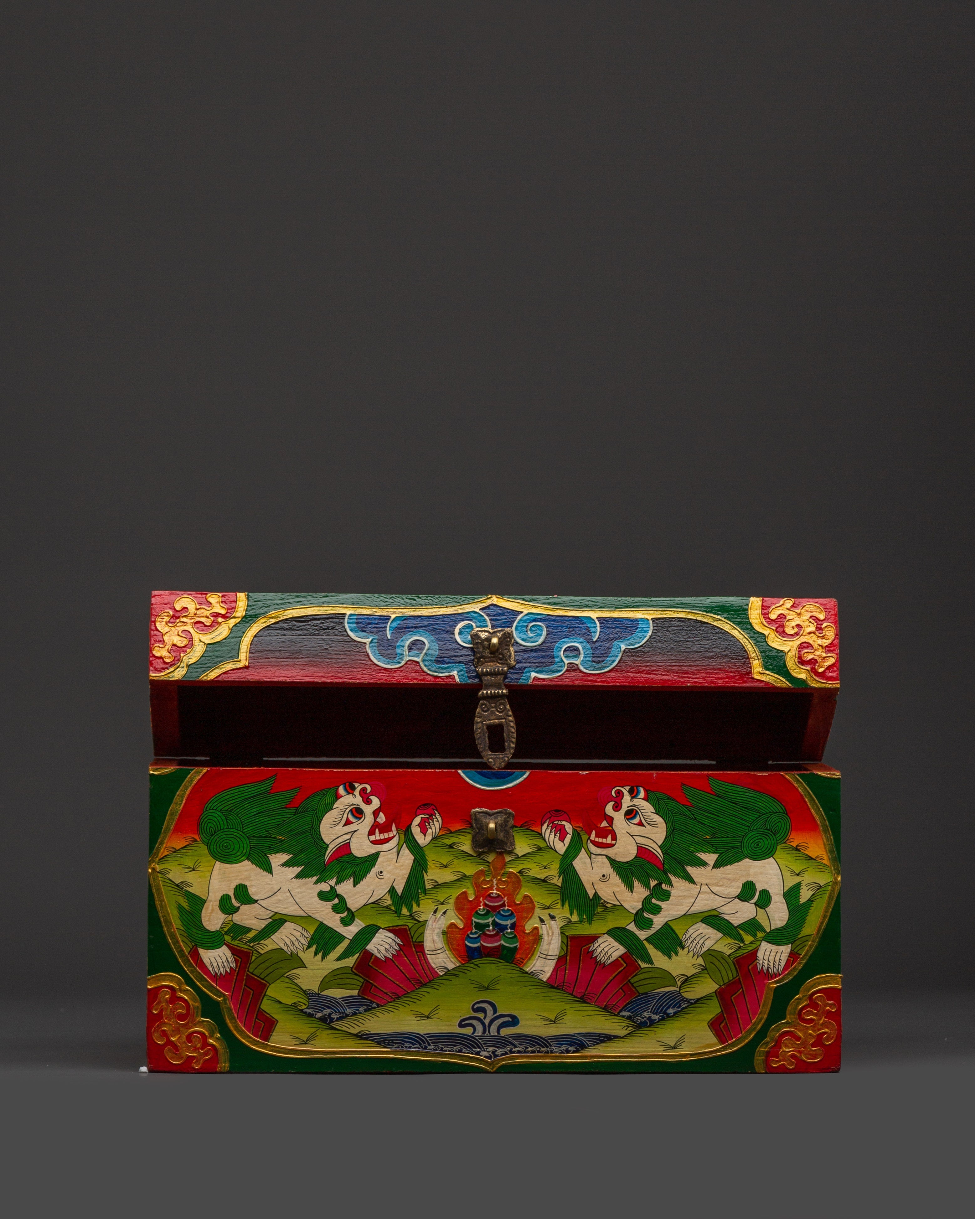 Tibetan Wooden Box with Snow Lions | Sacred Hand-Painted Ritual Chest