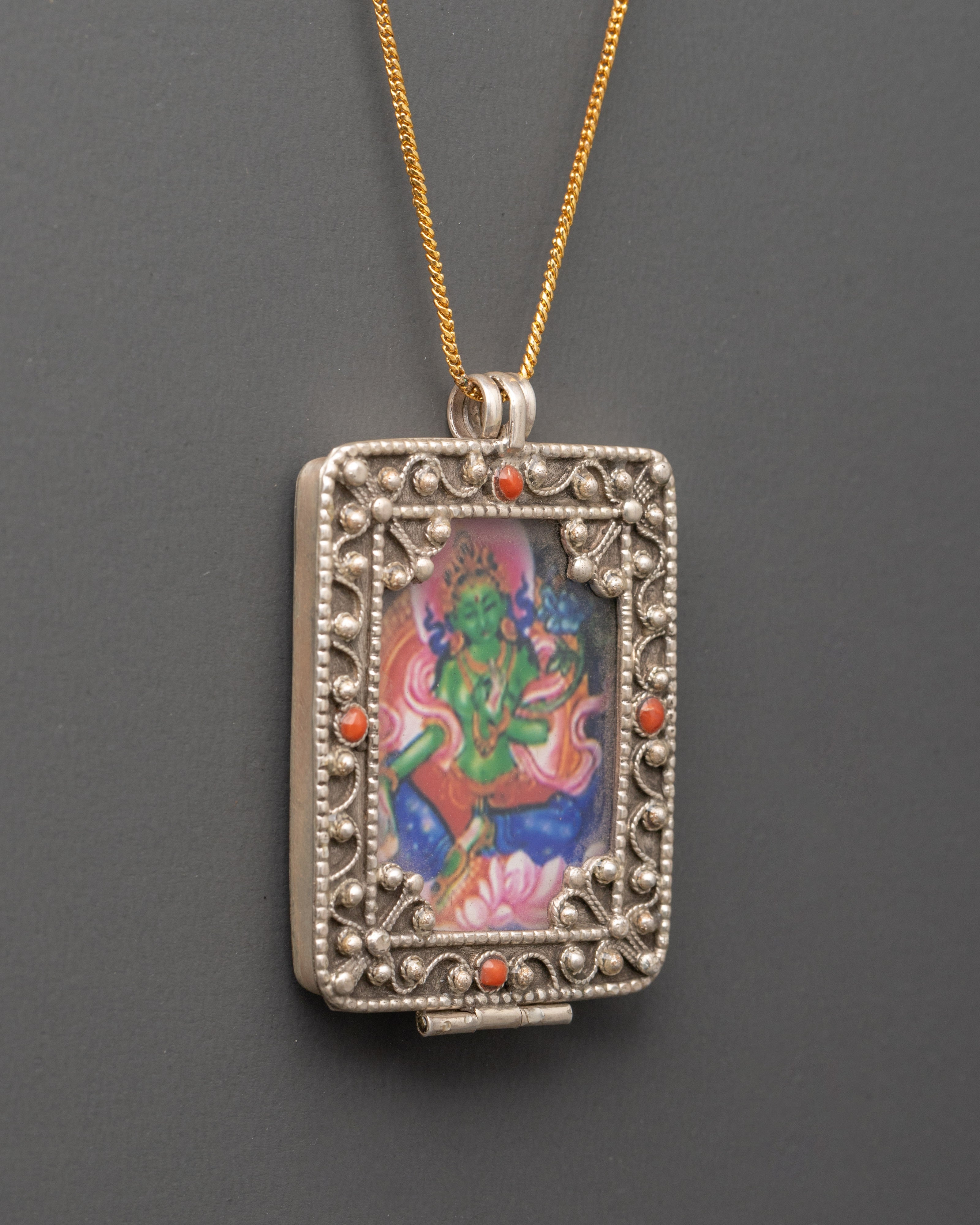 Green Tara Silver Sacred Locket | Buddhist Locket for Inner Peace and Swift Protection