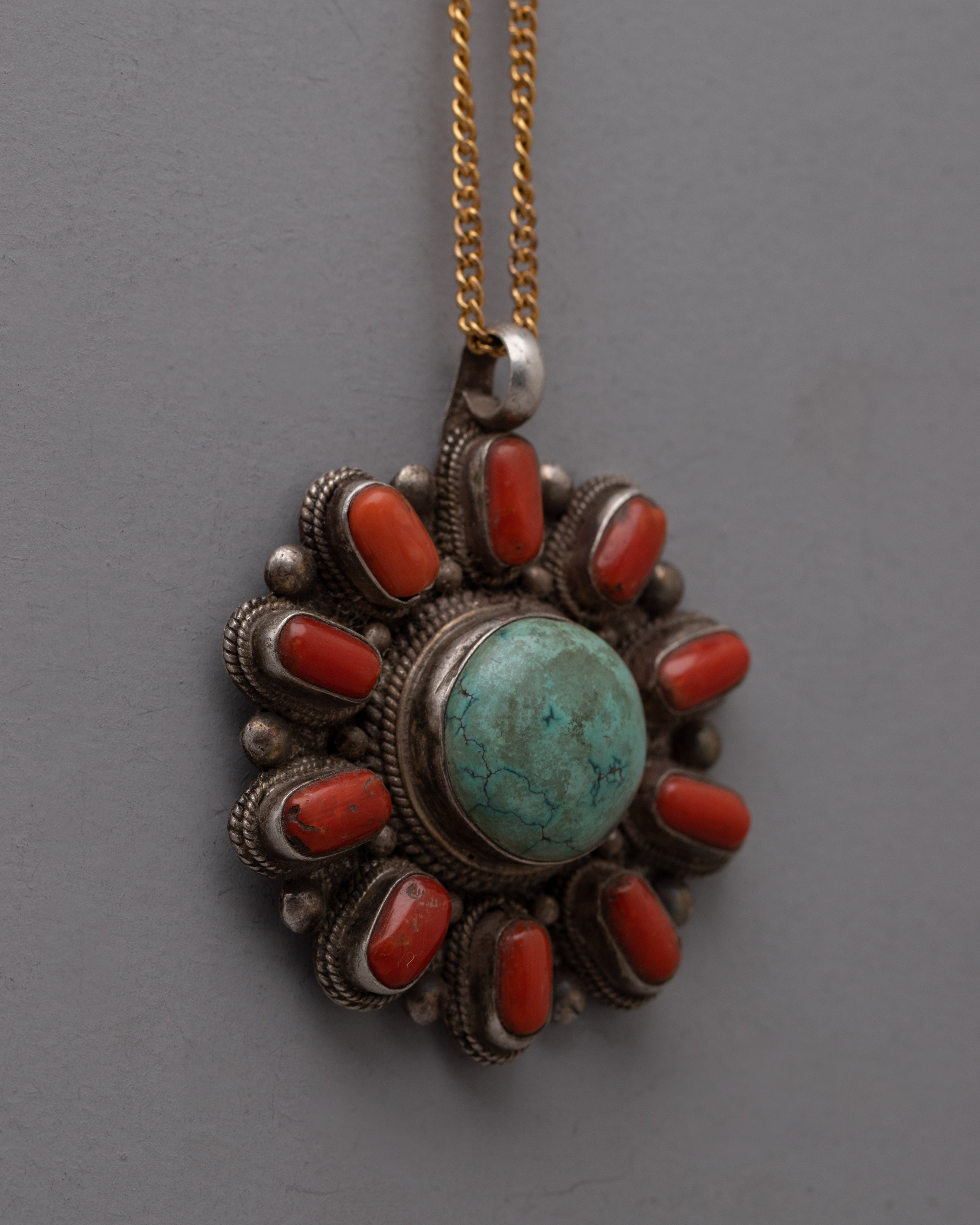 Turquoise and Coral Pendant | Sterling Silver Handmade Necklace