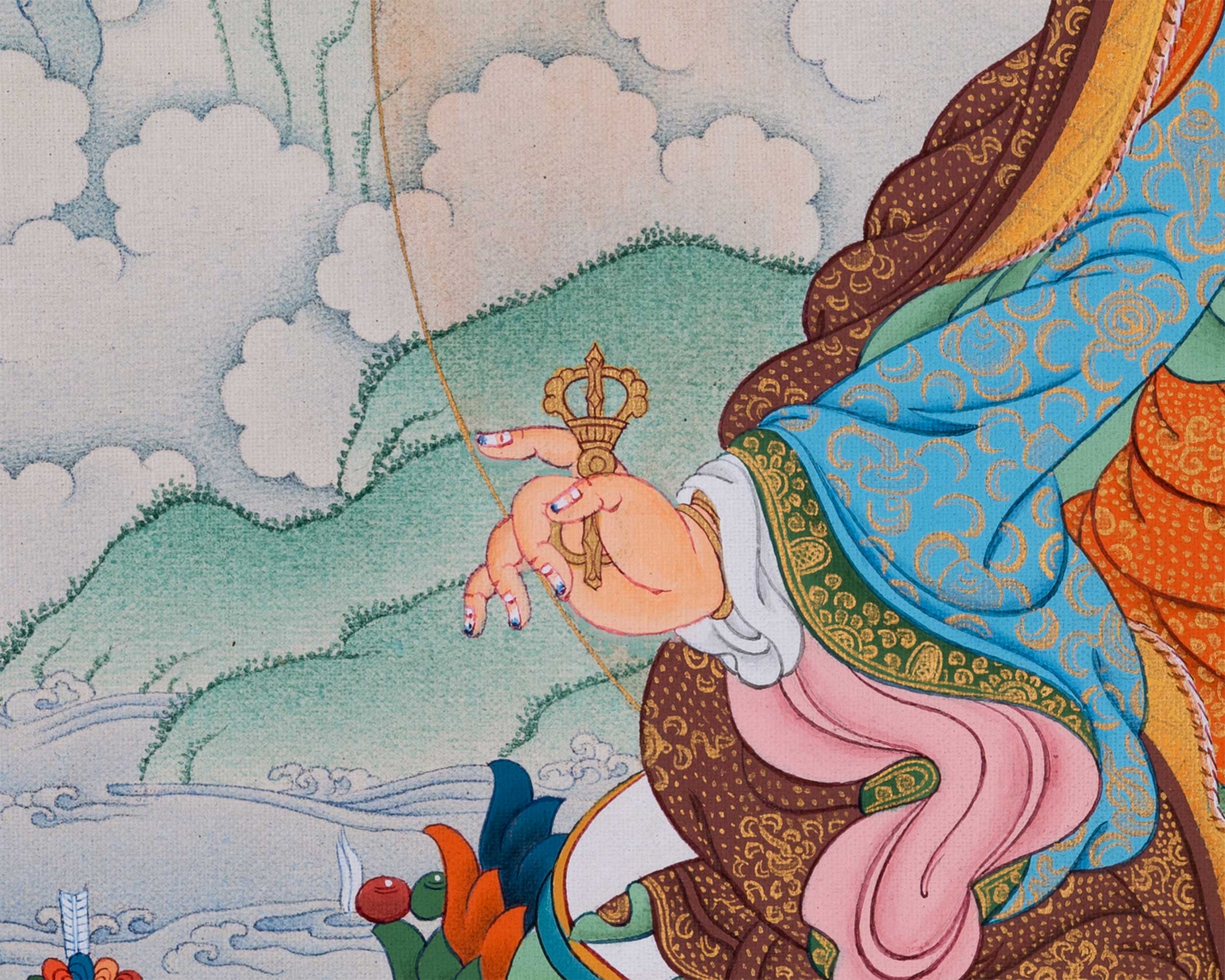 Guru Rinpoche Thangka with Mandarva and Yeshe Tsogyal | Amitabha Buddha Atop