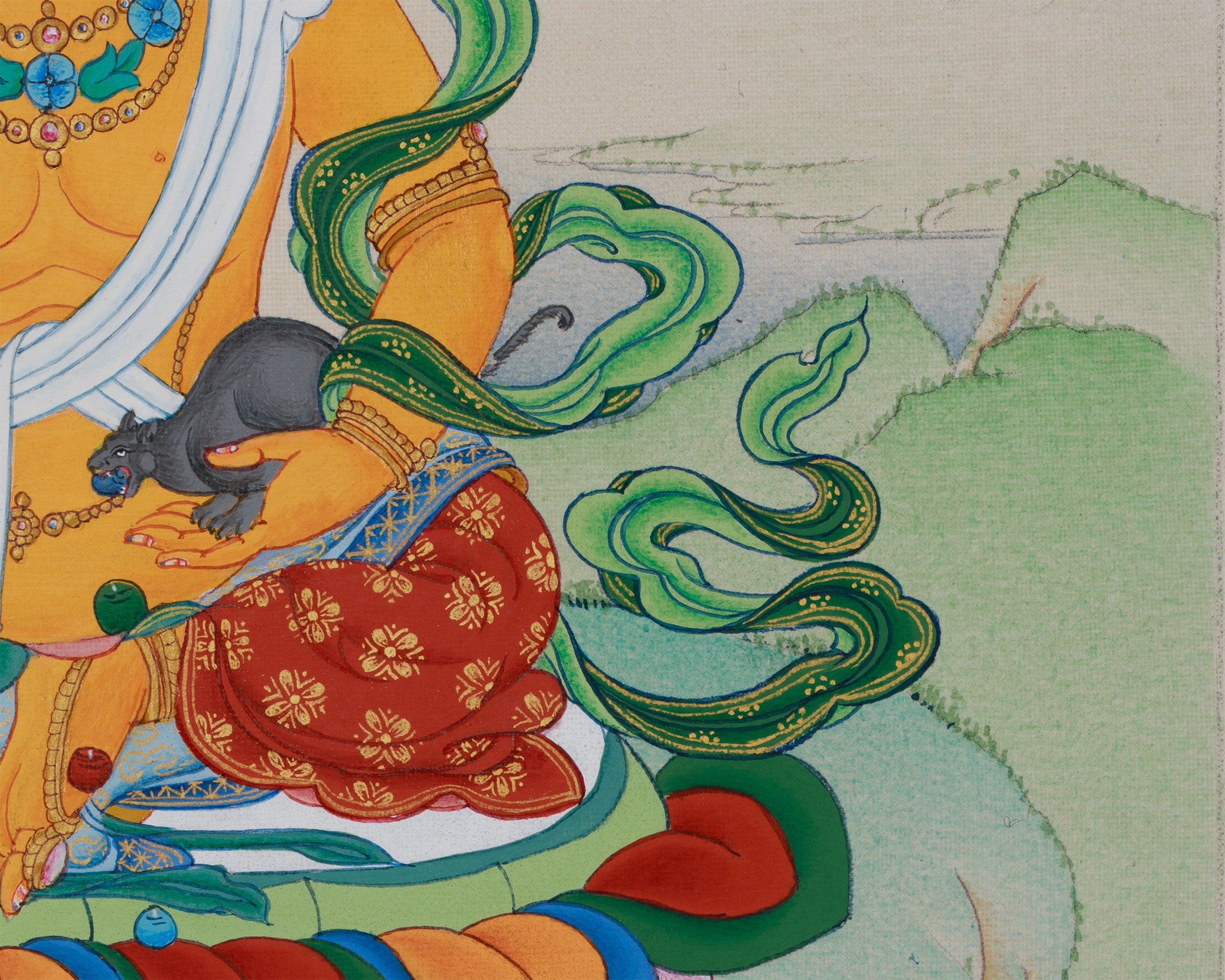 Buddhist Wealth Deity Dzambhala Thangka | Compact Prosperity Artwork