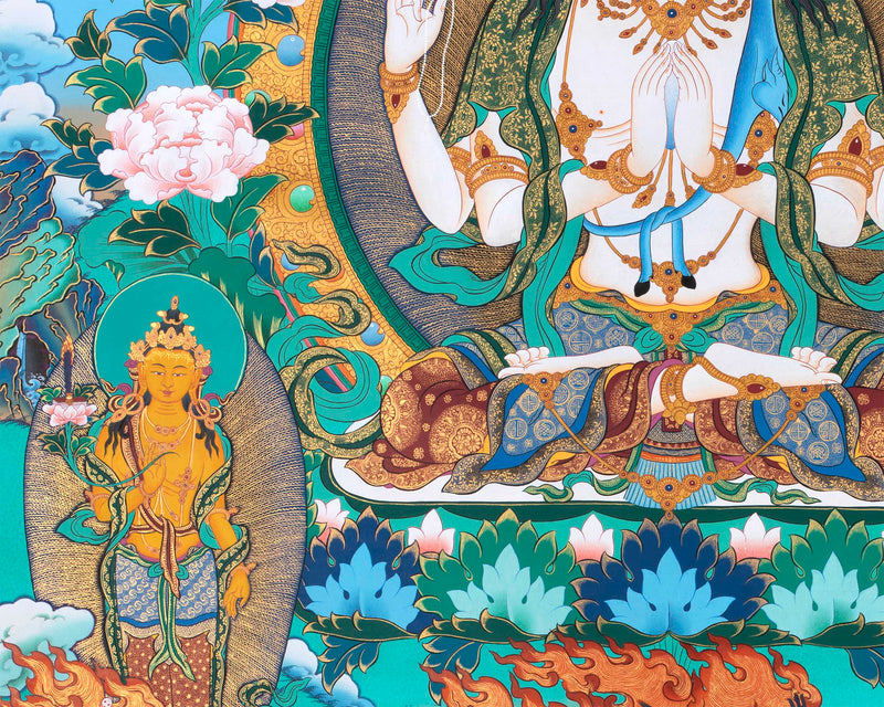 Chenrezig Thangka Print For Spiritual Awakening | Divine Avalokiteshvara Print | Exquisite Wall Hanging Art