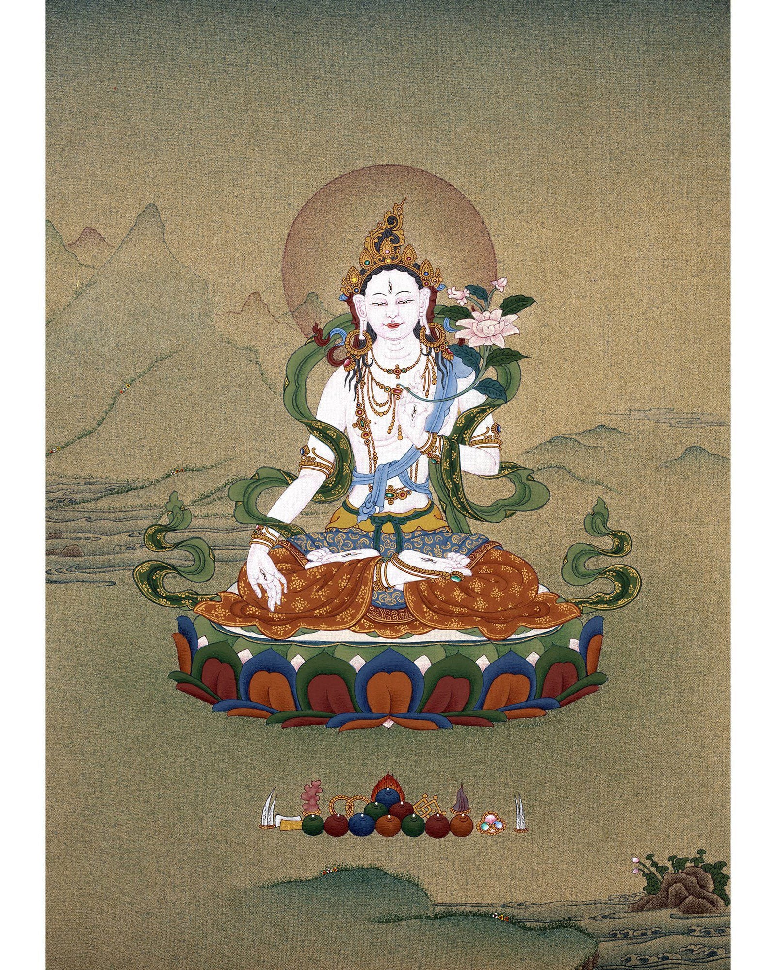 White Tara, Tibetan Thangka Painting, in Natural Stone colors