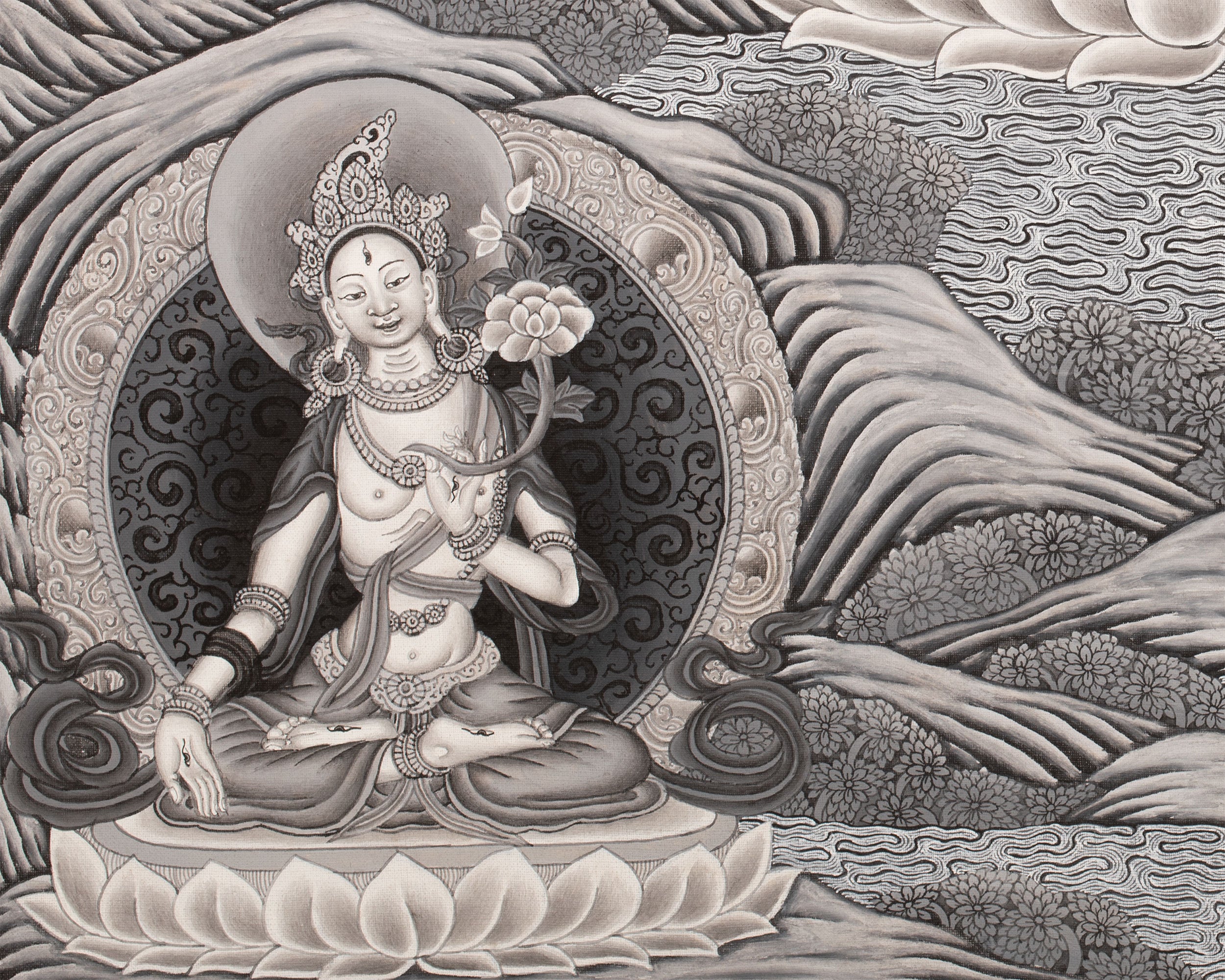 Avalokiteshvara Thangka flanked by Green and White Tara | Original Hand Painted Black & White Newari Style Bodhisattva Thangka