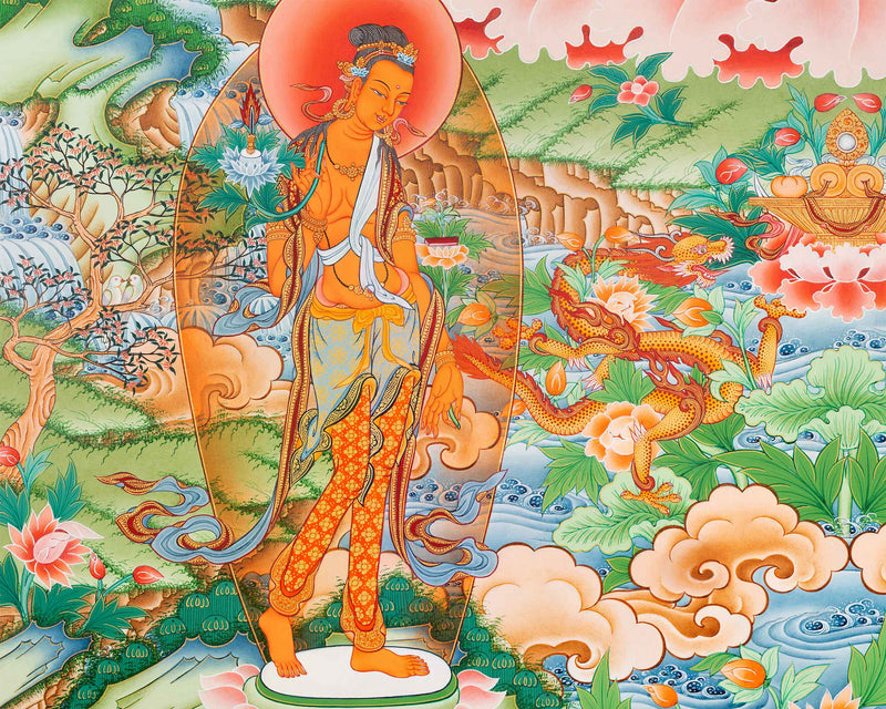 Tibetan White Tara Paubha Giclee Art Print | High-Quality Canvas Wall Decor, Scroll Painting Print
