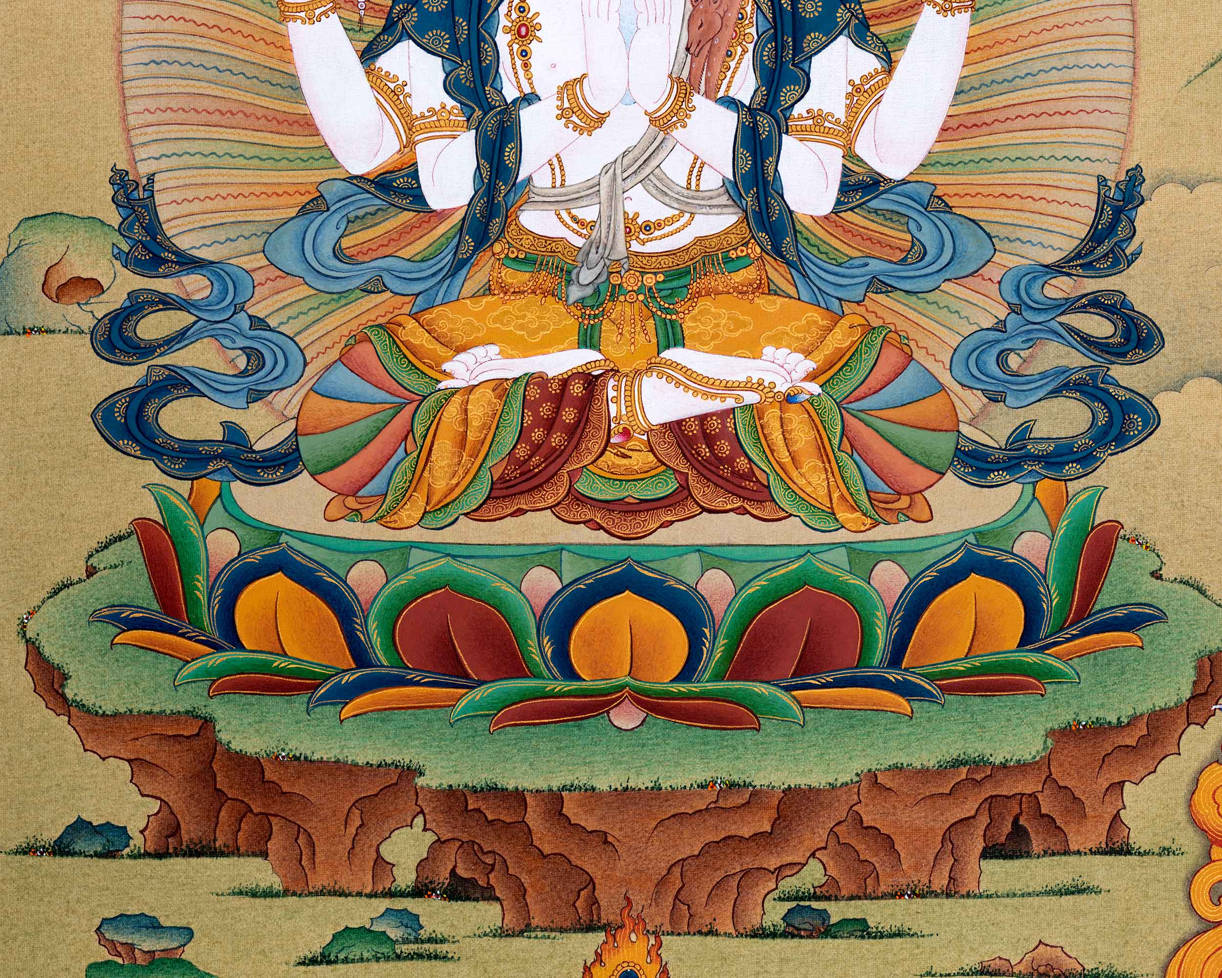 Tibetan Bodhisattvas Thangka | Chenrezig. Manjushri and Vajrapani