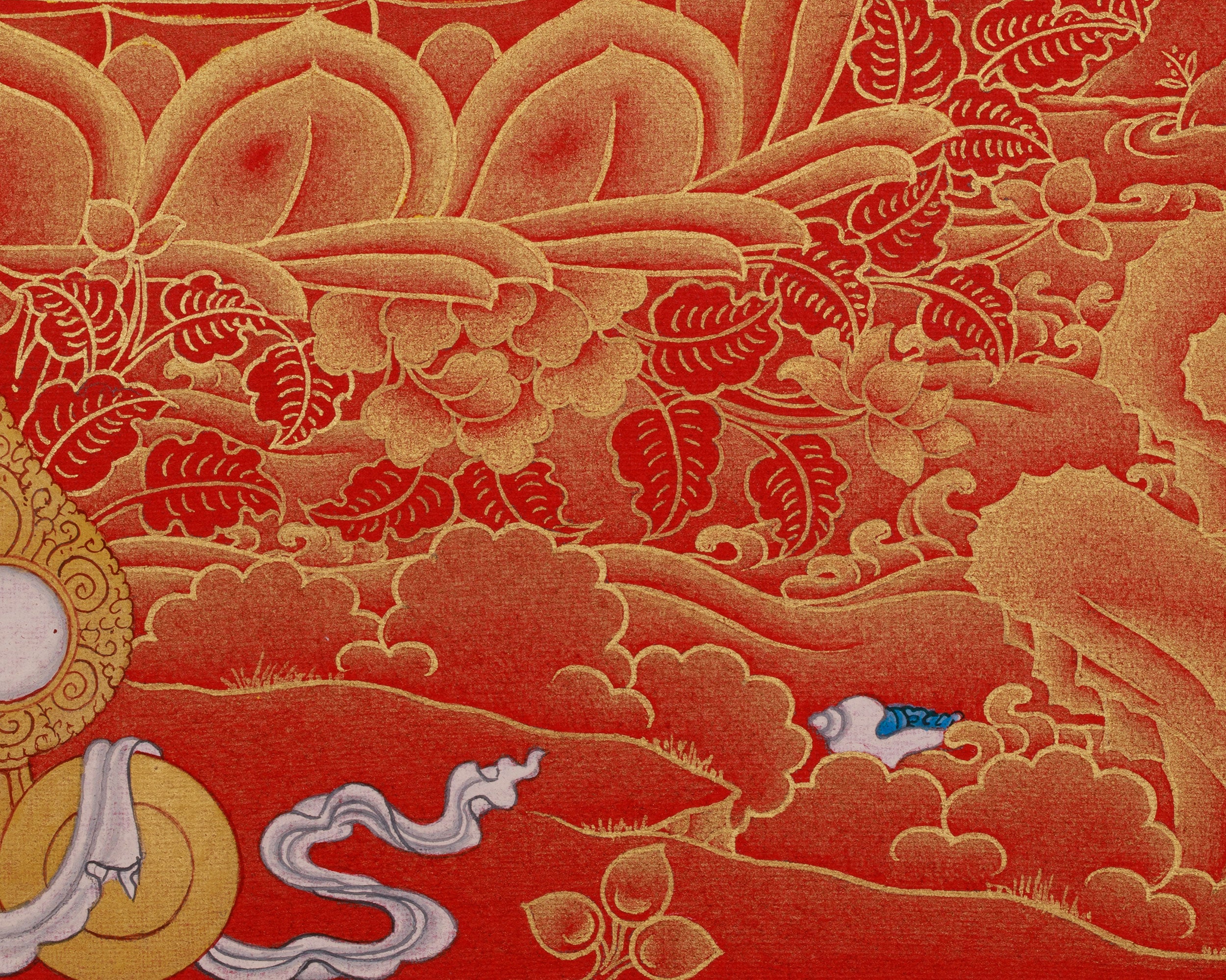 Golden Grace on Red, 4 Arms Avalokiteshvara Thangka, Deity of Compassion