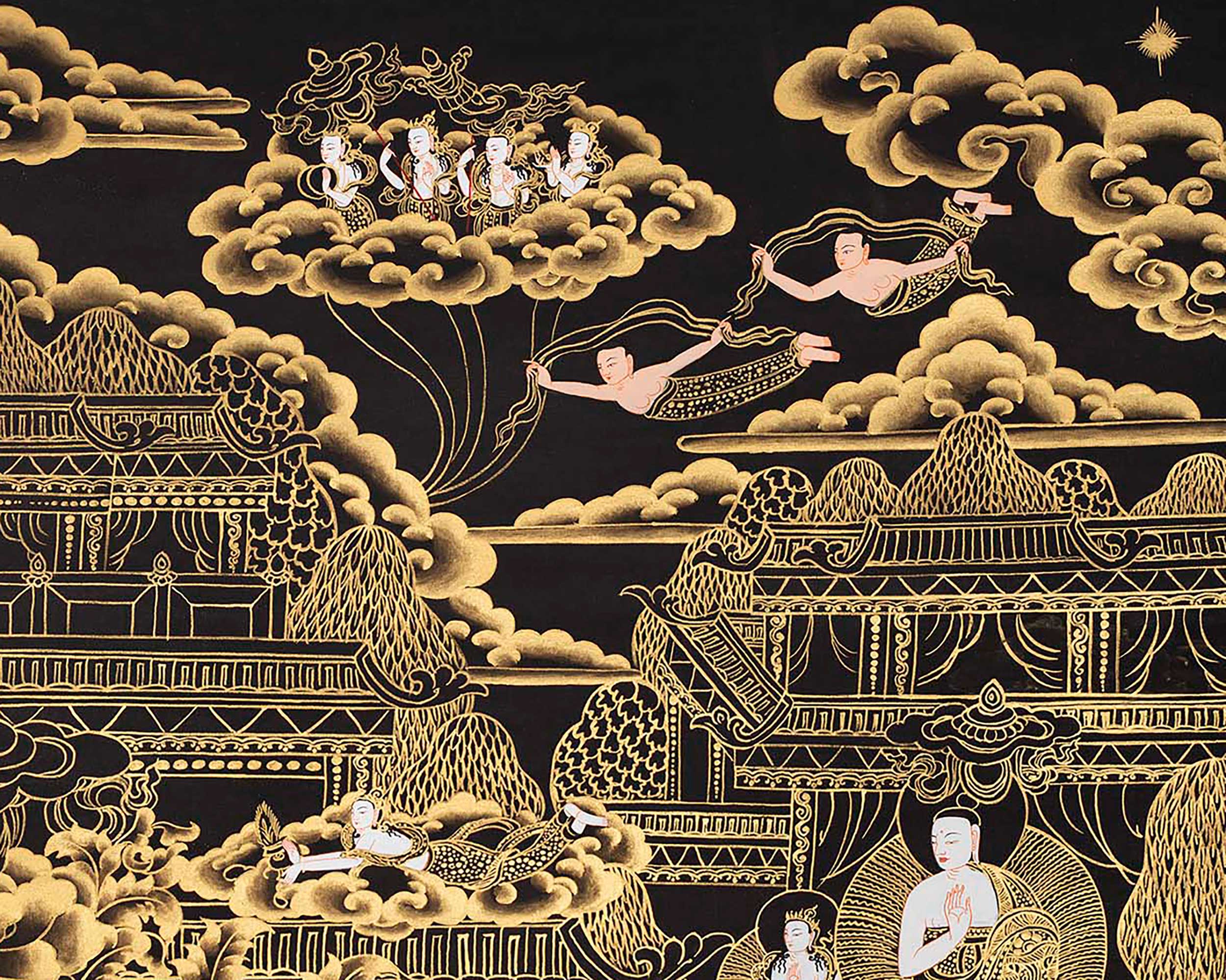 Black and Gold Amitabha Buddha Thangka | Sukhavati Thangka | Meditation Buddha