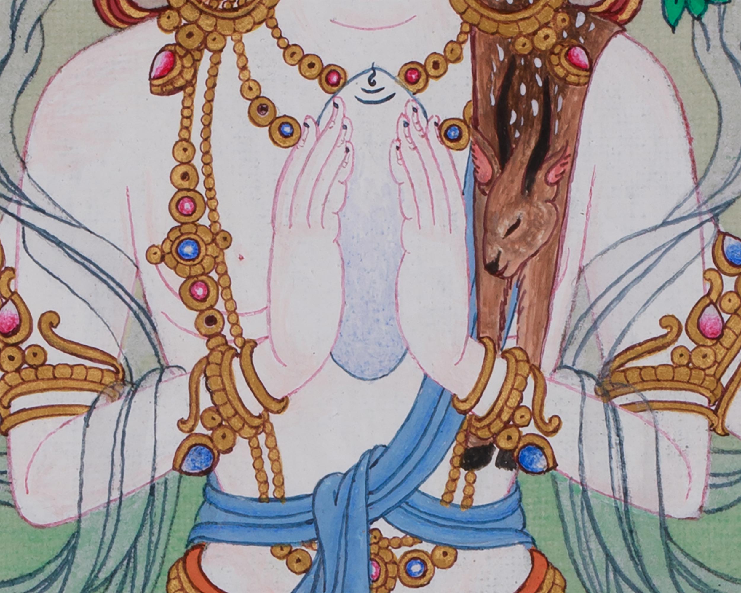 Hand-Painted Mini Chenrezig Thangka | Tibetan Buddha Art of Compassion and Protection