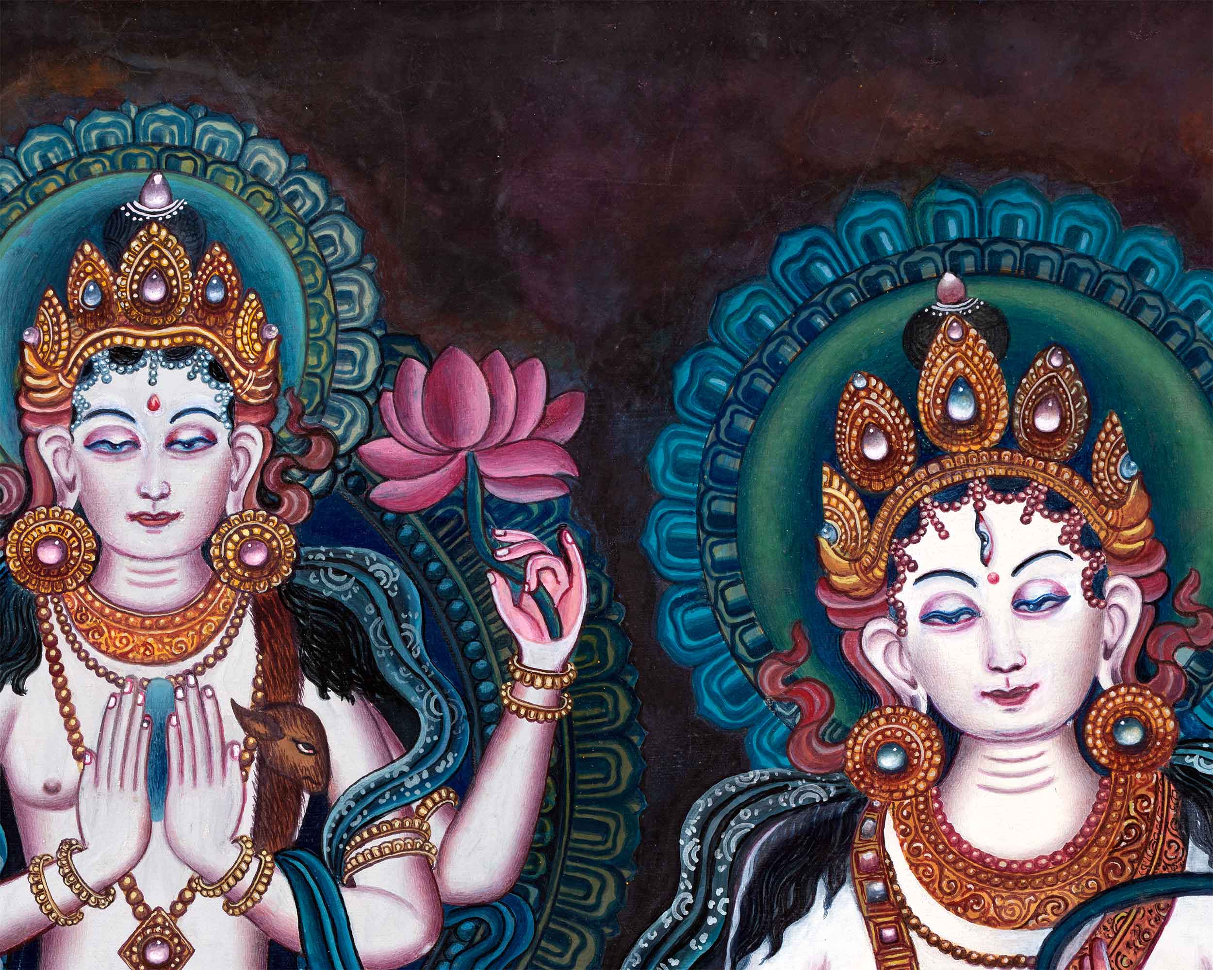 Newari Print Of Green Tara and White Tara With Chenrezig | Highly-Revered Deities Of Buddhism