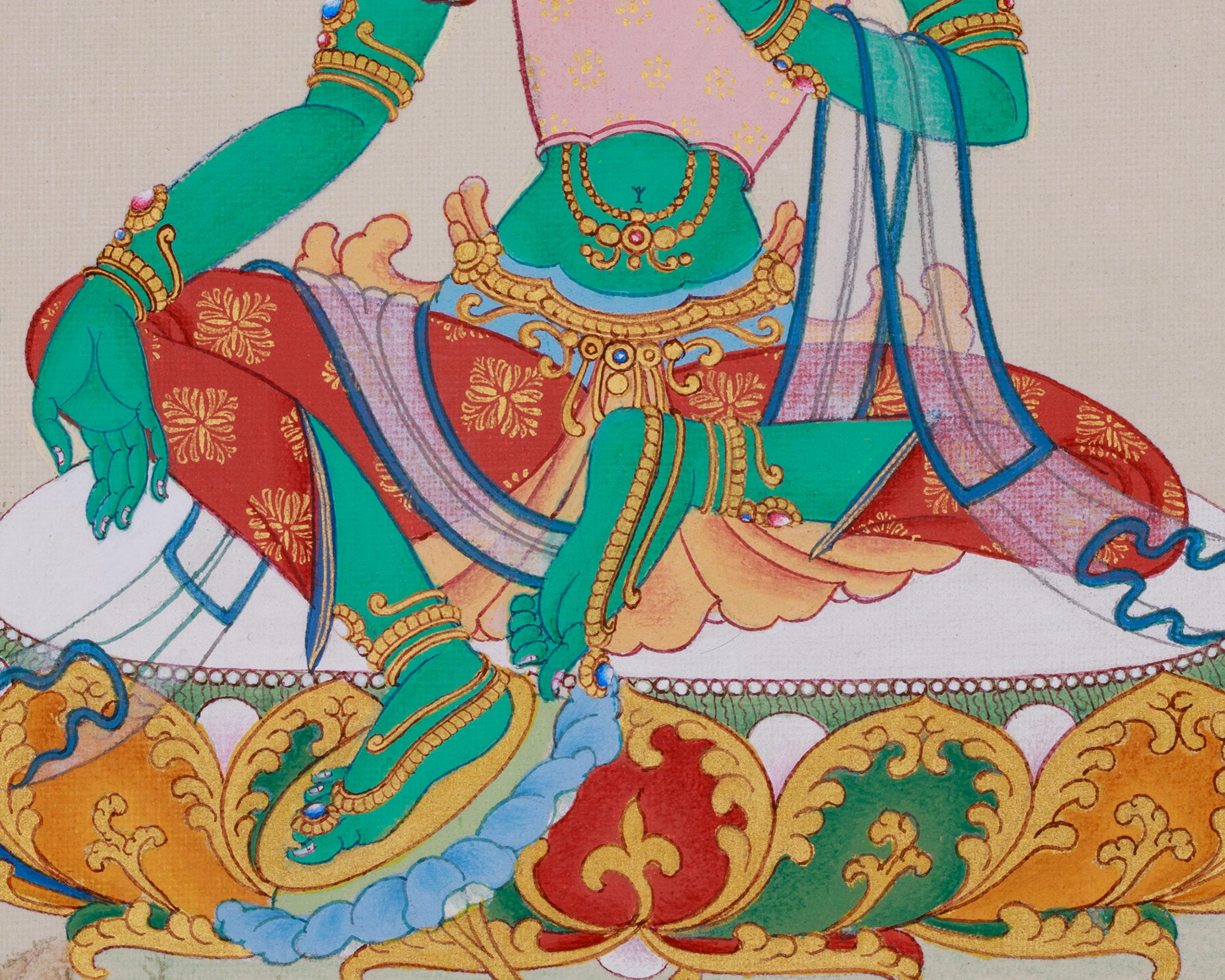Radiant Arya Tara Thangka Embellished with Natural Stones