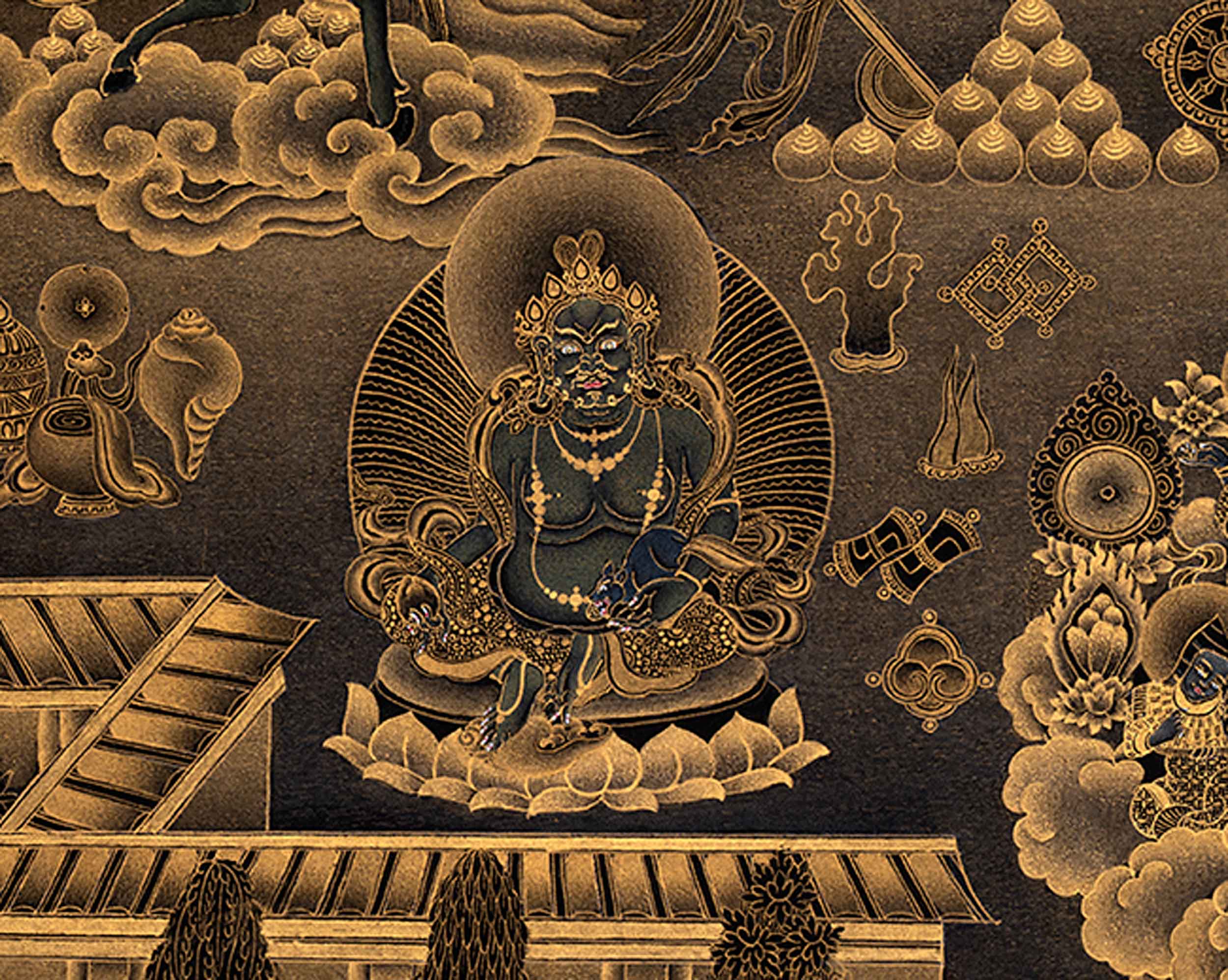 Exclusive Namtoshe Palace Thangka | Traditional Himalayan Art in Black & Gold | Authentic Painting Of Wealth Deity