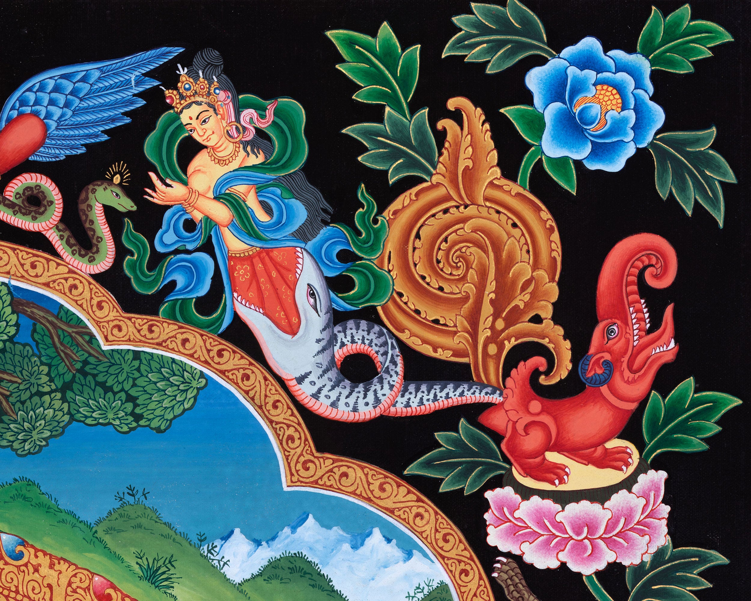 Ganesh Thangka Painting With Kartikeya and Saraswati | Ganapati Baba Canvas Art