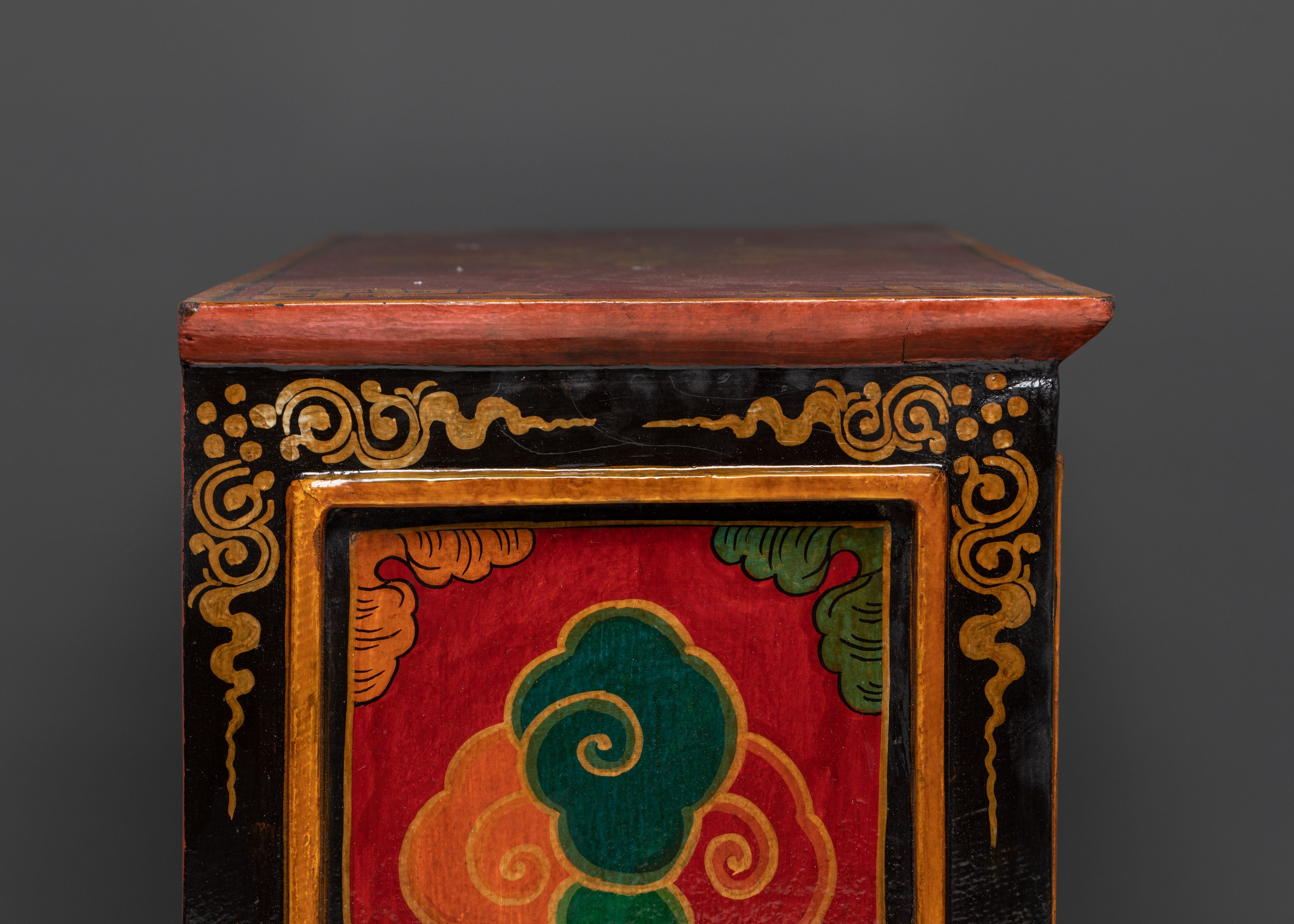 Hand-Carved Tibetan Wooden Cabinet with Door | Sacred Symbols and Artisan Detailing