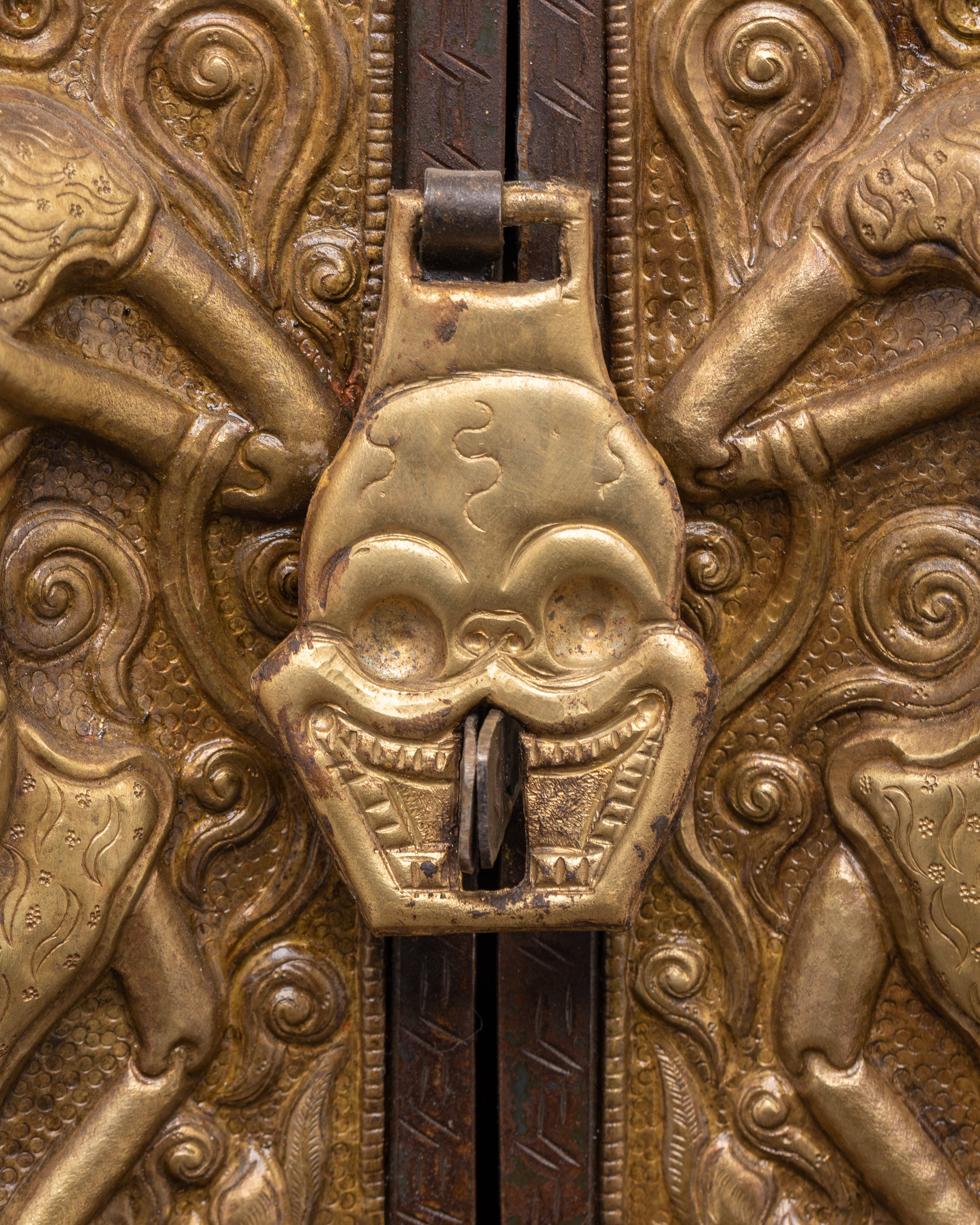 Large Chitipati Carved Ghau Box | Iron and Brass Tibetan Shrine Box