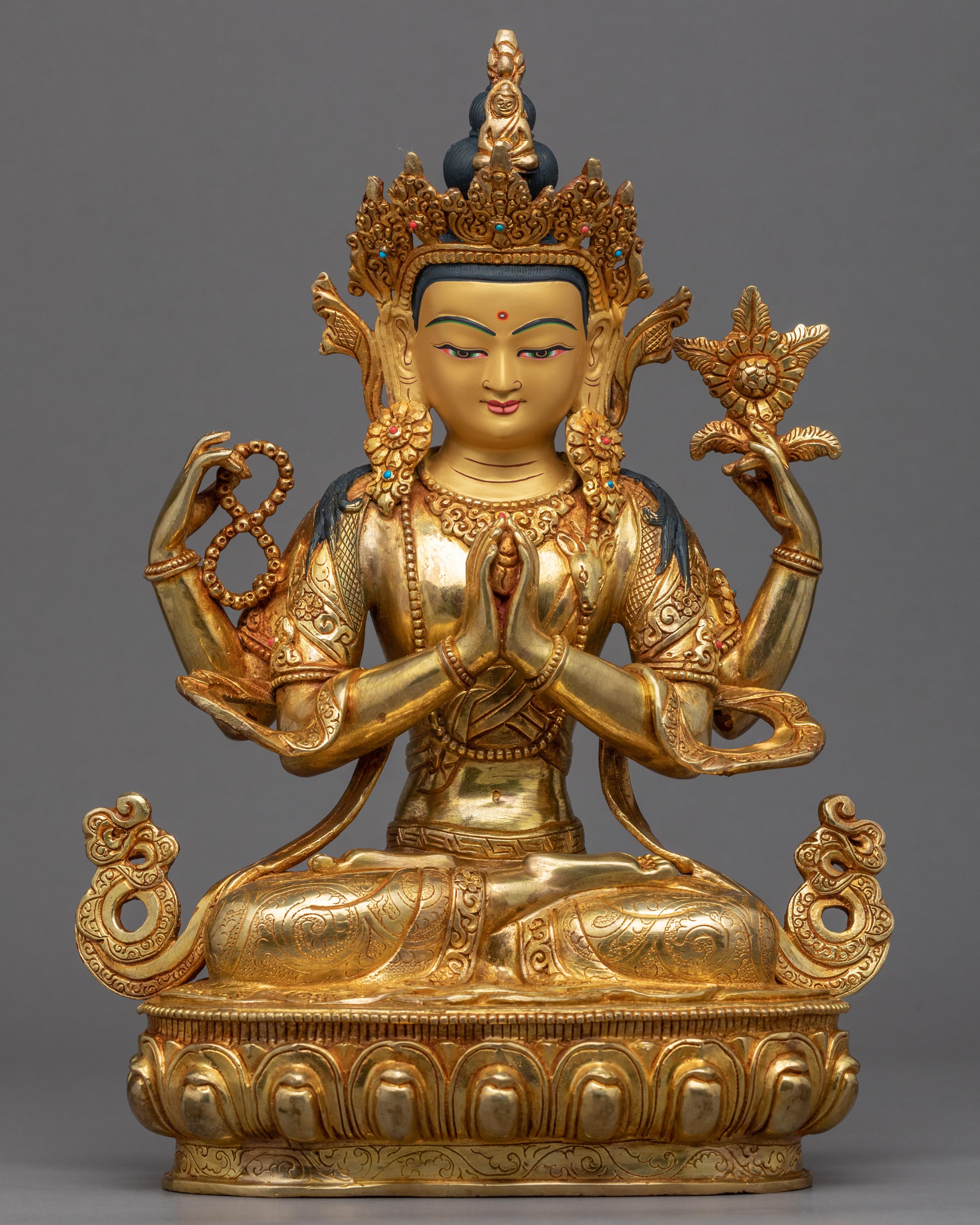 Four Armed Chenrezig Gold Sculpture