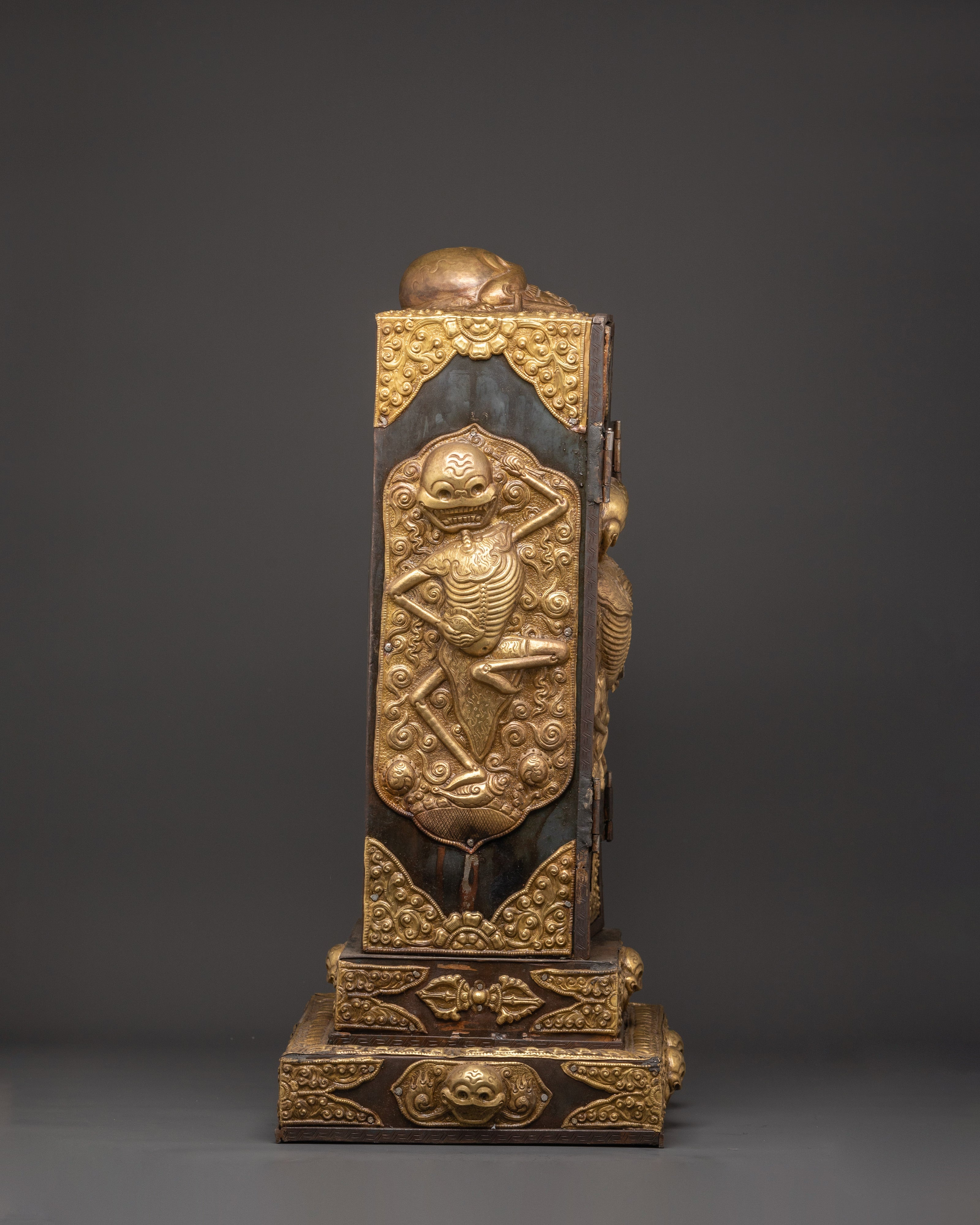 Large Chitipati Carved Ghau Box | Iron and Brass Tibetan Shrine Box