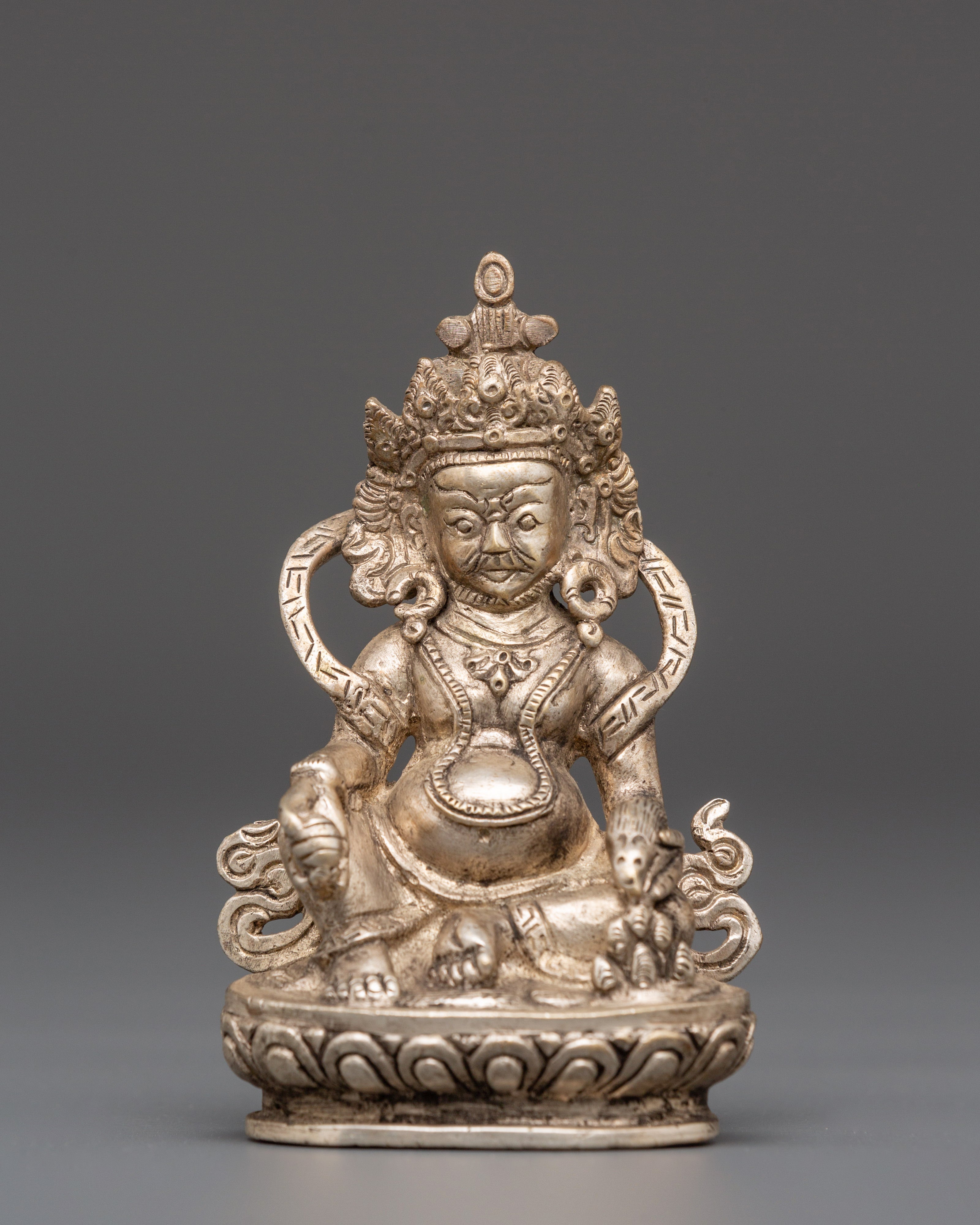 Sacred Statue of Wealth Icon Dzambhala | Silver Plated Copper Buddhist God of Prosperity