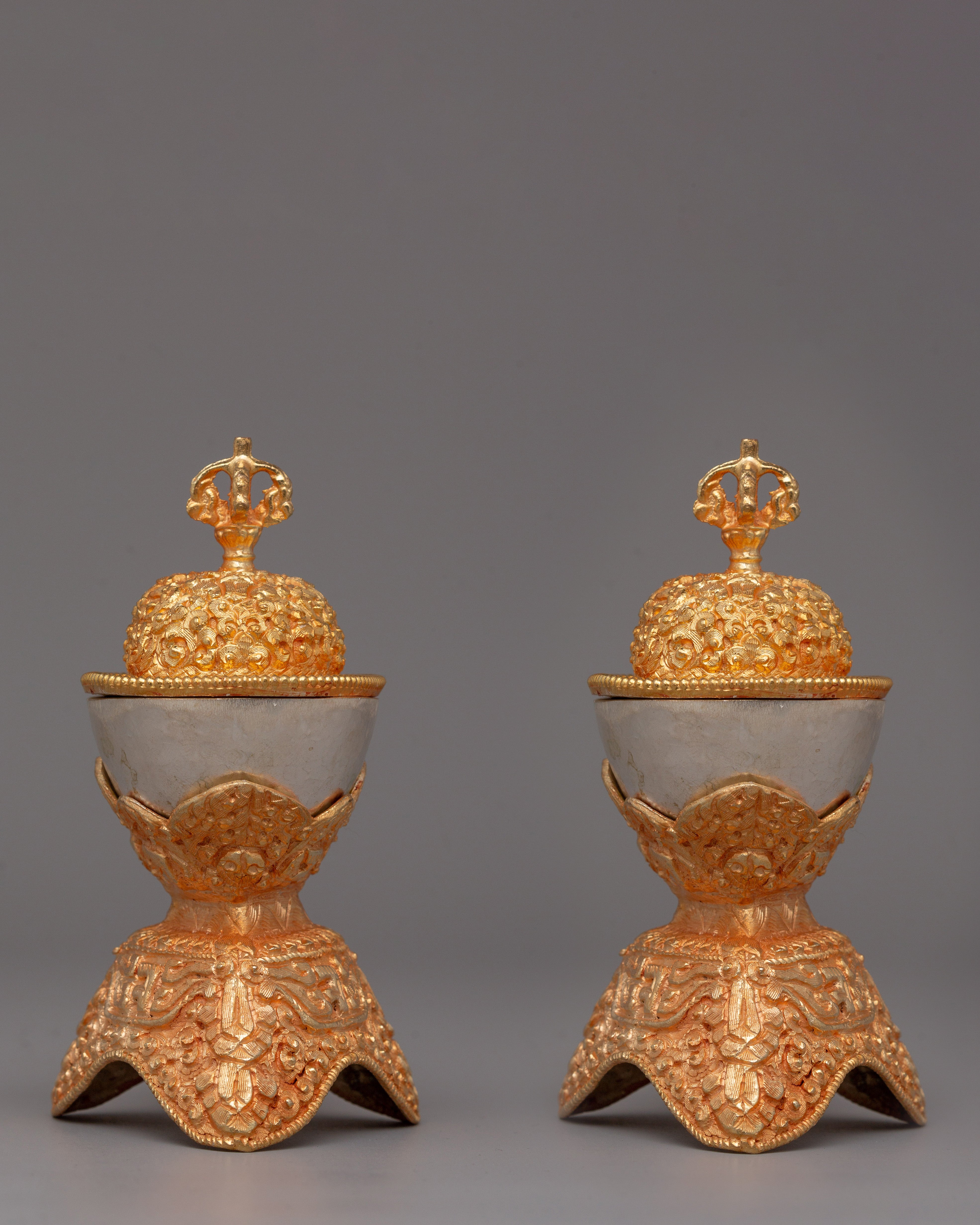 Gold Silver Plated Copper Kapala Set - Pair of Spiritual Artifacts