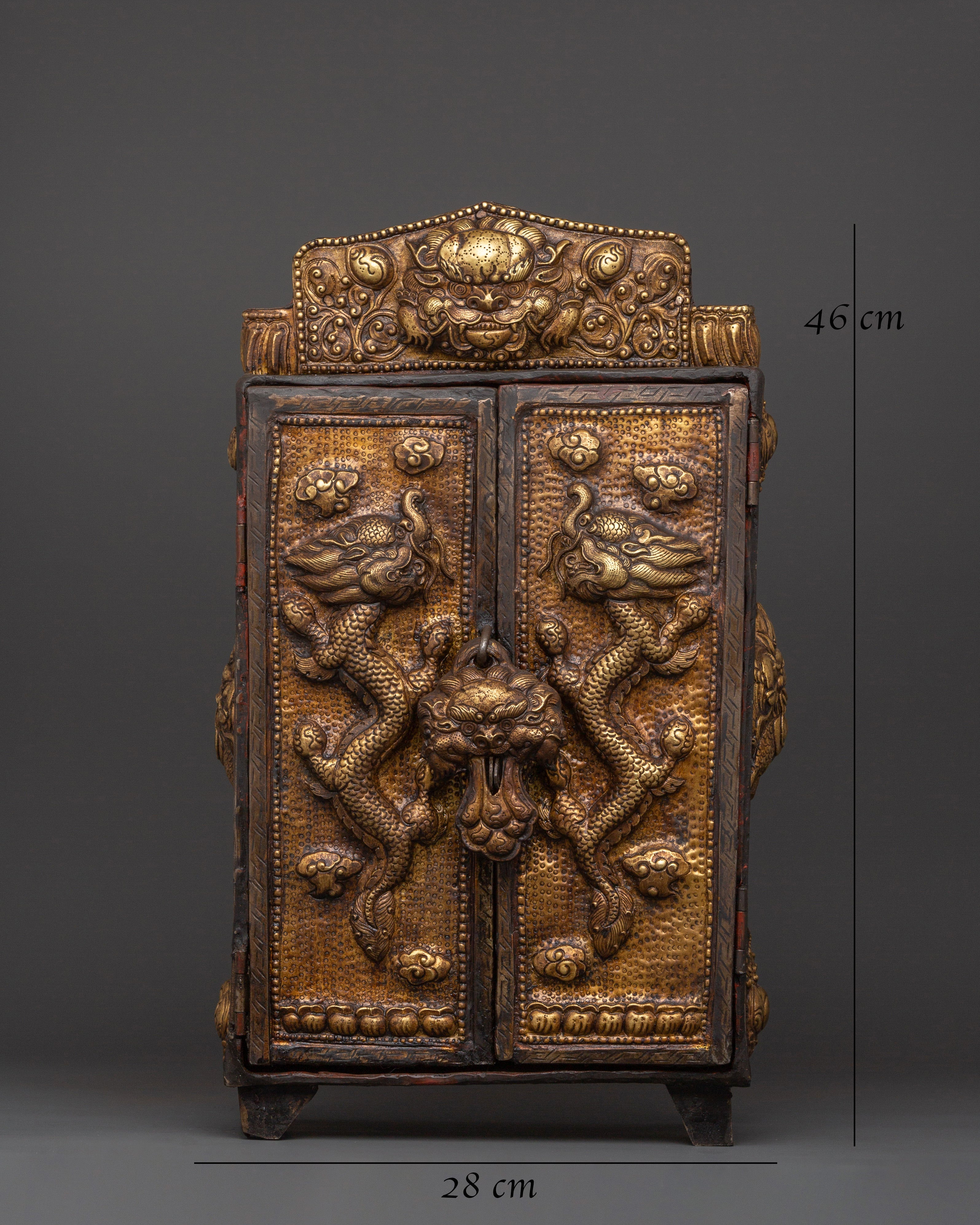Large Tibetan Ghau Box | Brass & Iron Buddhist Altar Shrine