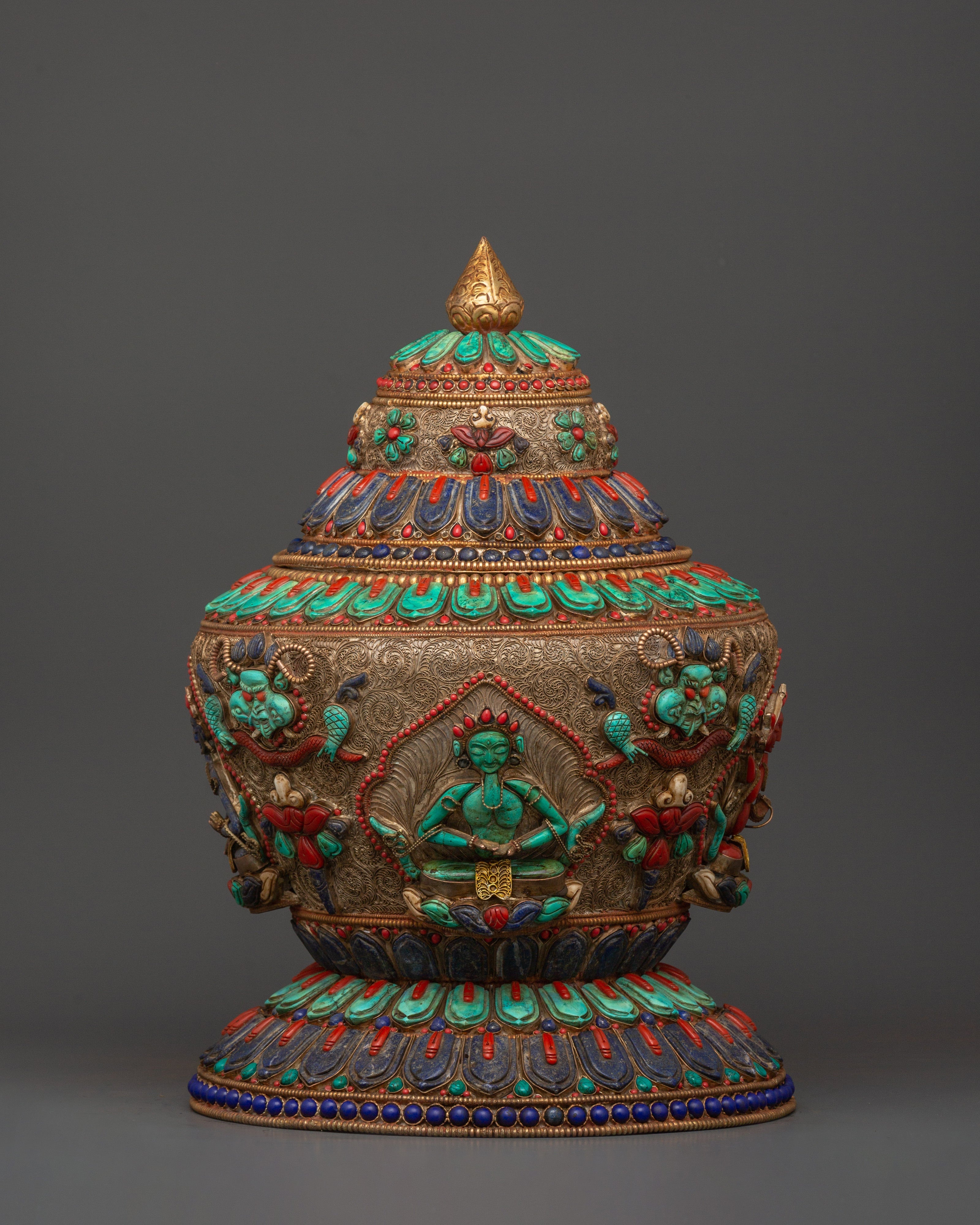 Tibetan Ritual Rice Pot with Coral