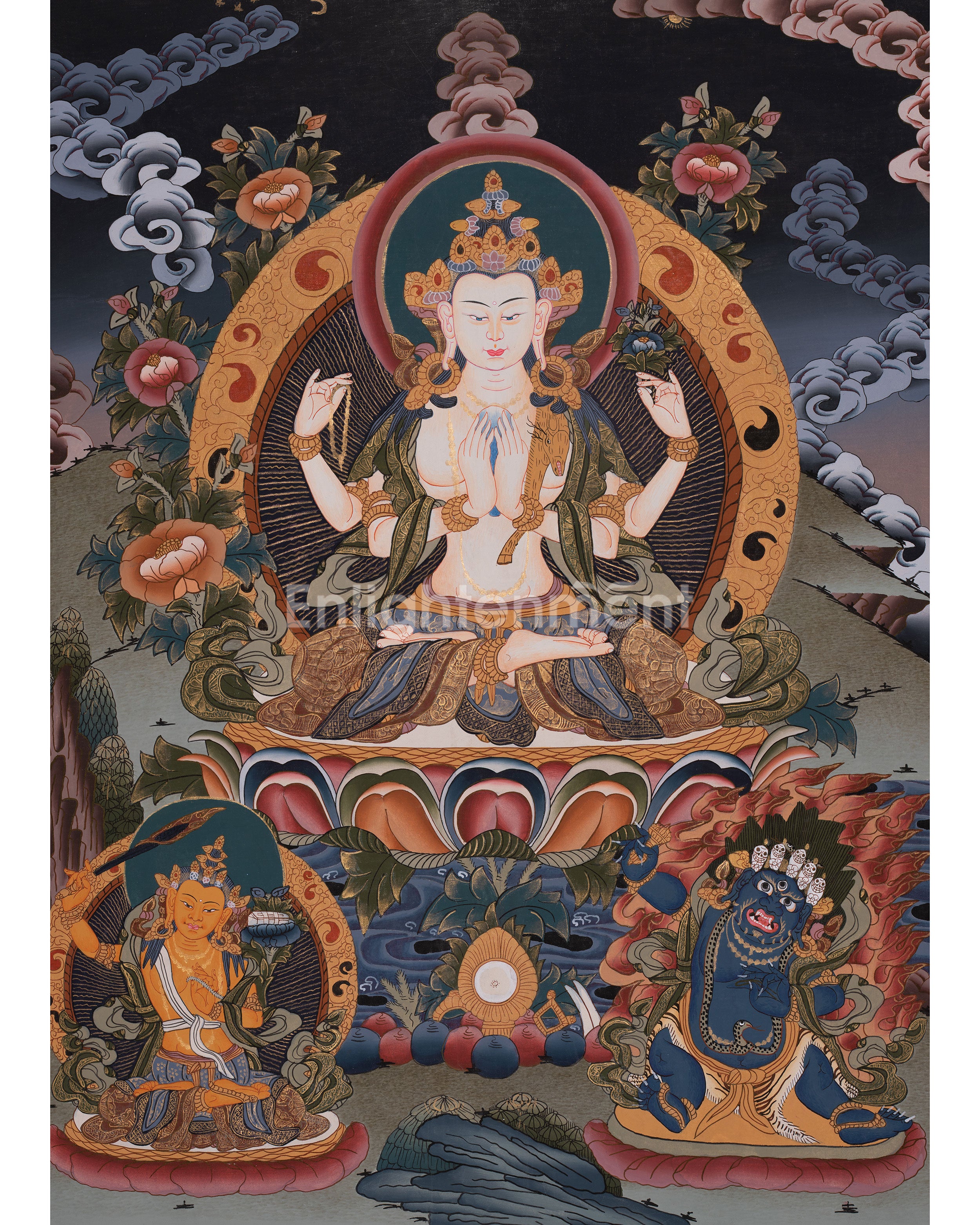 Original Hand-Painted Chenrezig Tibetan Thangka | Avalokiteshvara Painting