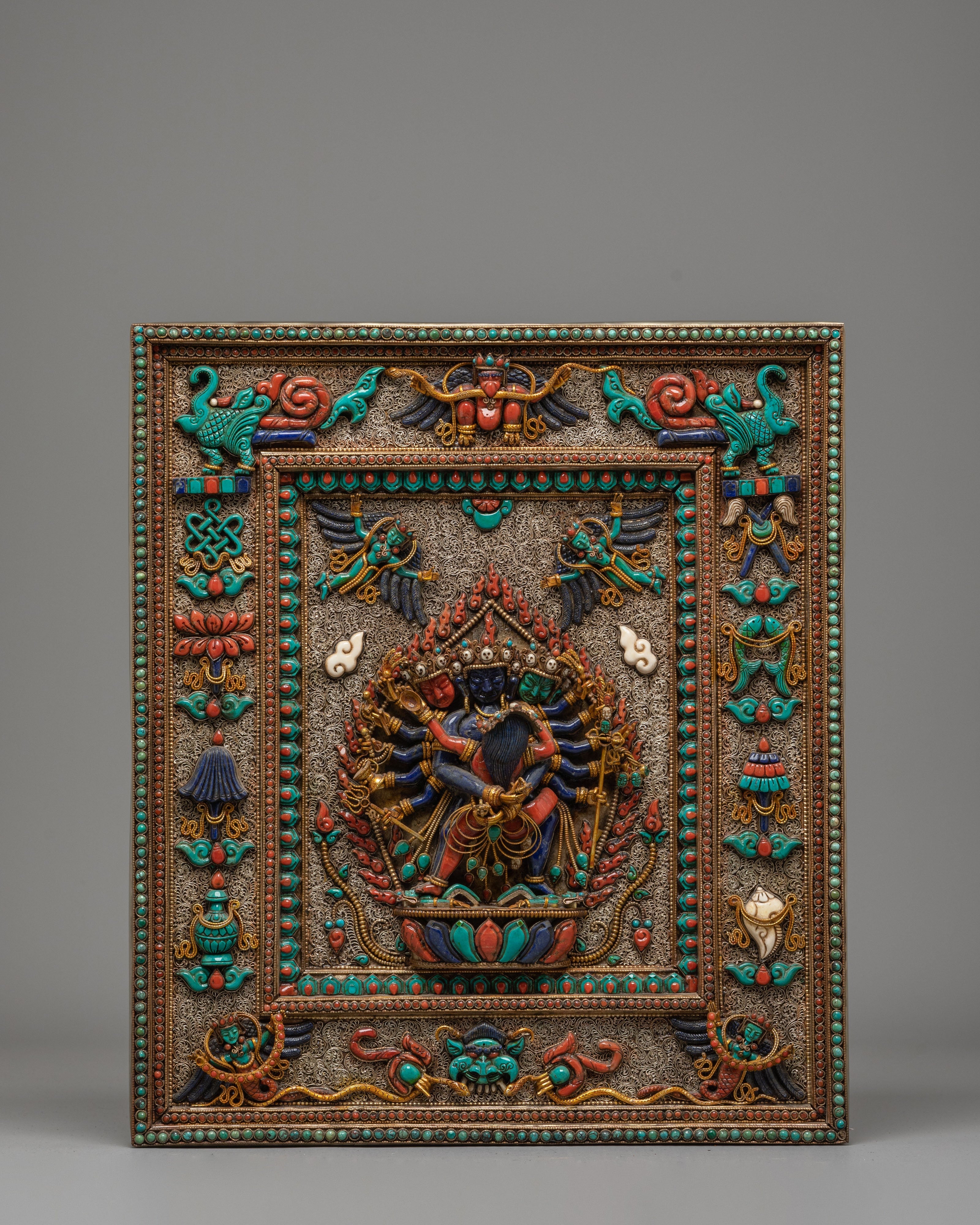 Chakrasamvara Wall Art | Sacred Tibetan Copper & Silver Wall Hanging