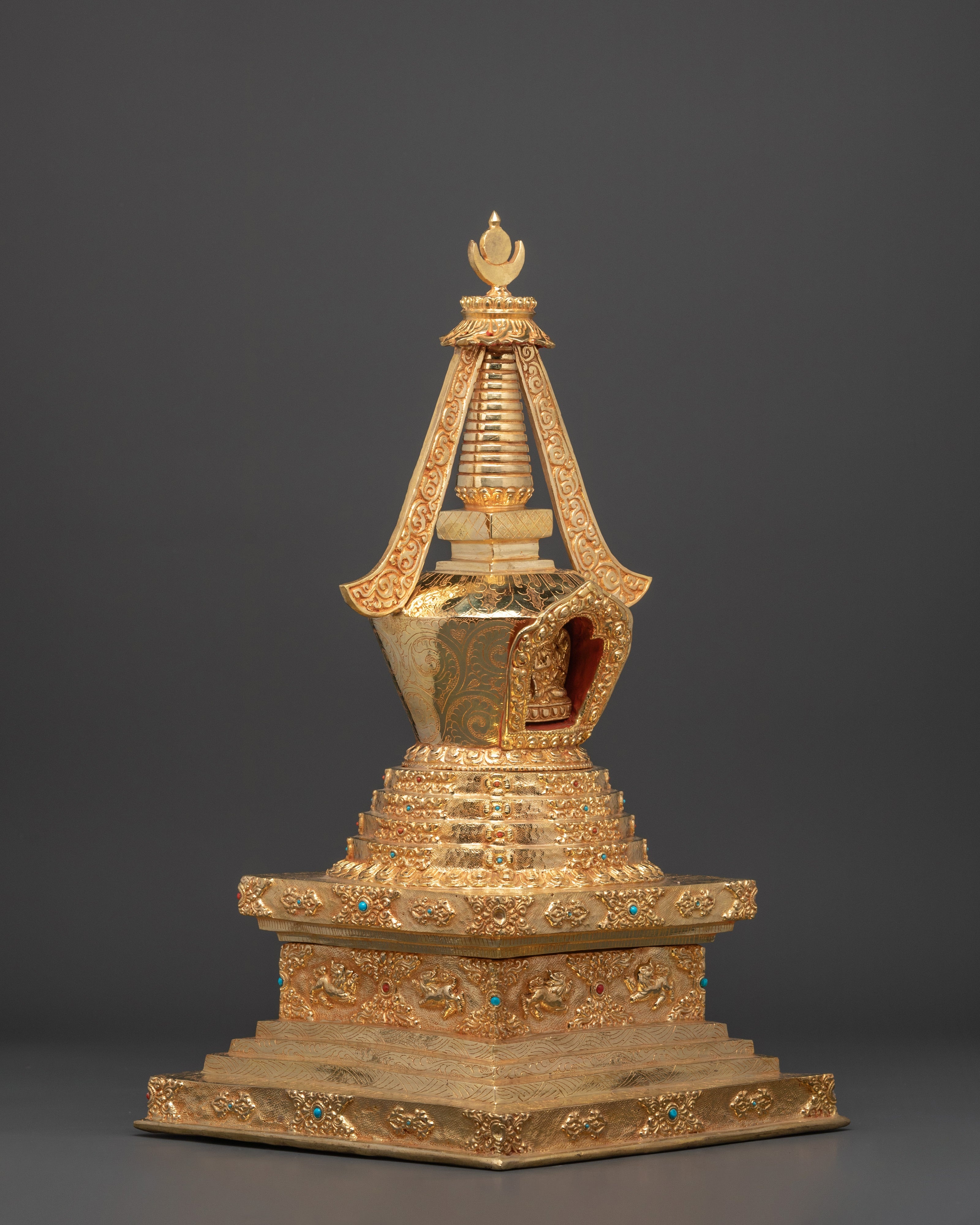 Tibetan Buddhist Stupa Sculpture | Gold Plated Copper Chorten