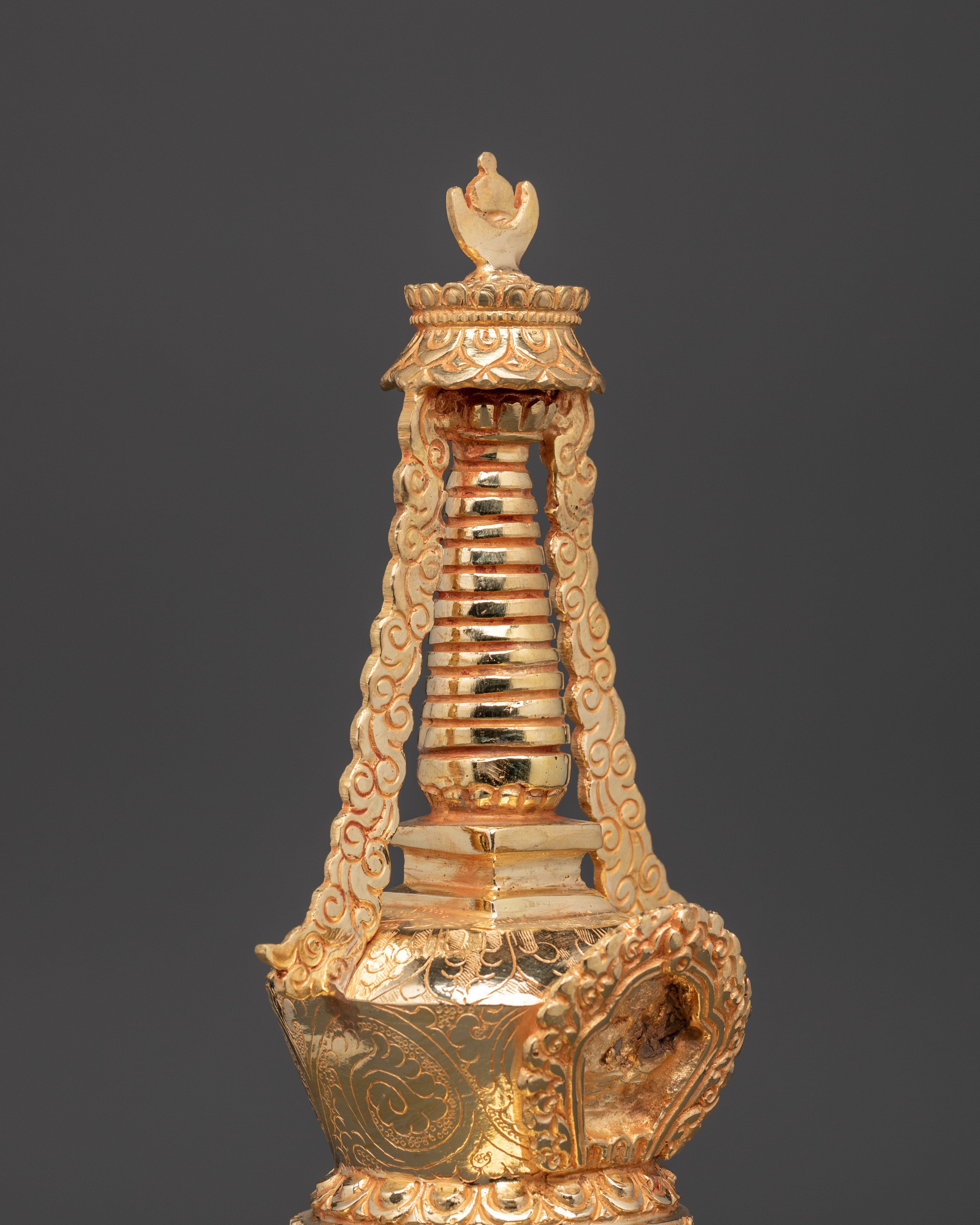 Gold-Plated Stupa Ritual Artifact | Handcrafted Copper Tibetan Stupa with Turquoise