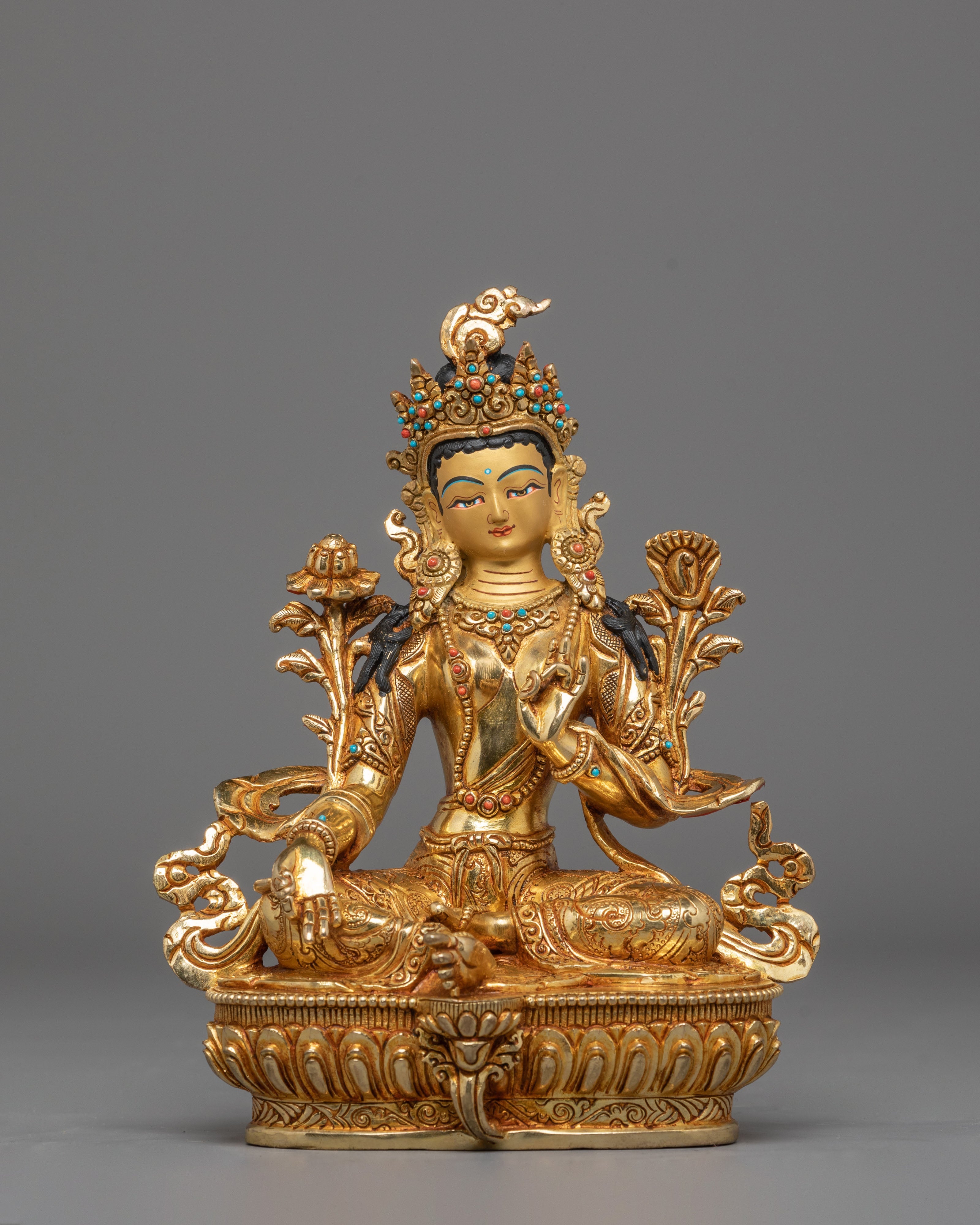 Mother Shyama Tara Sacred Statue | Gold Plated Copper Sculpture with Coral & Turquoise