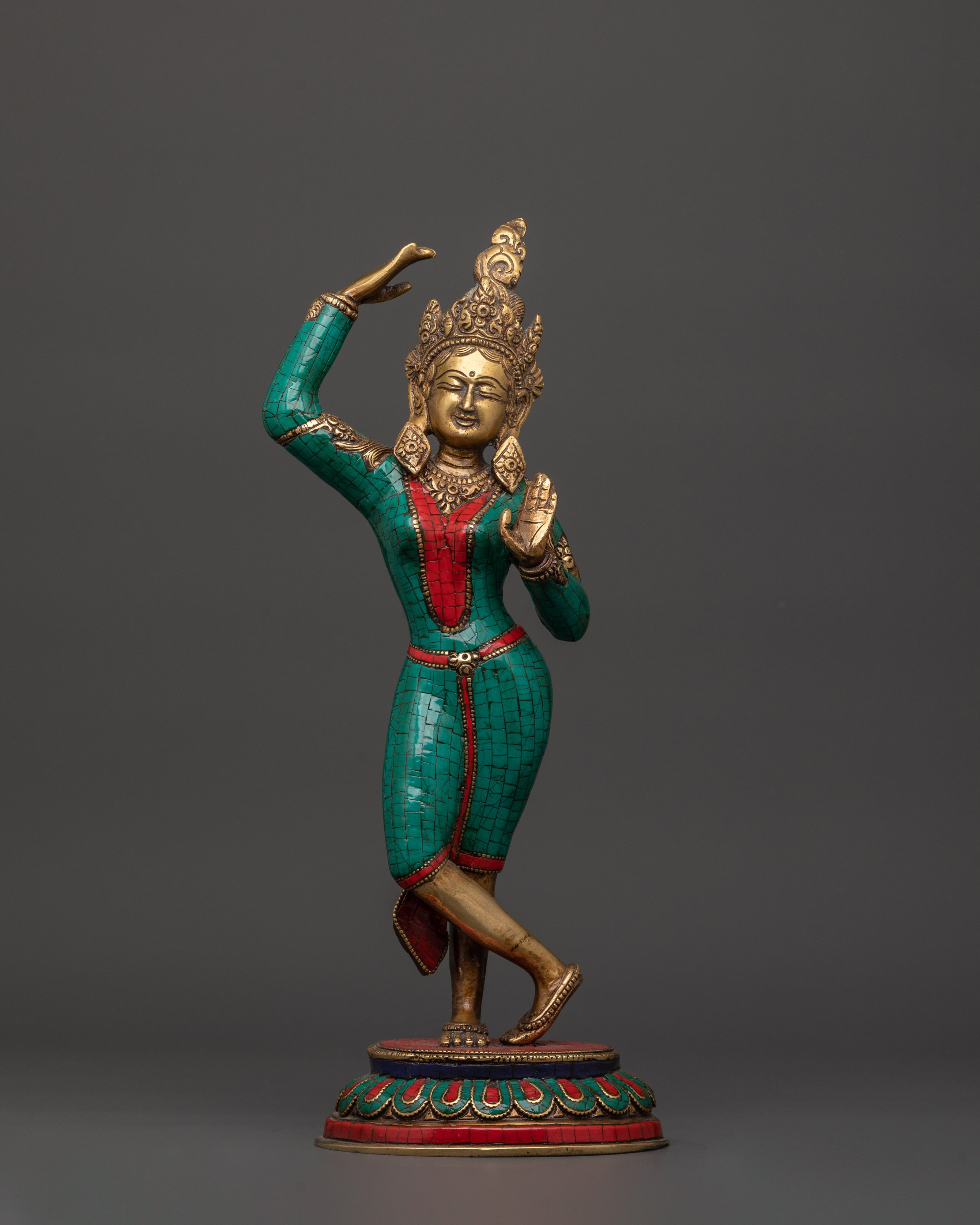 Maya Devi brass statue with turquoise