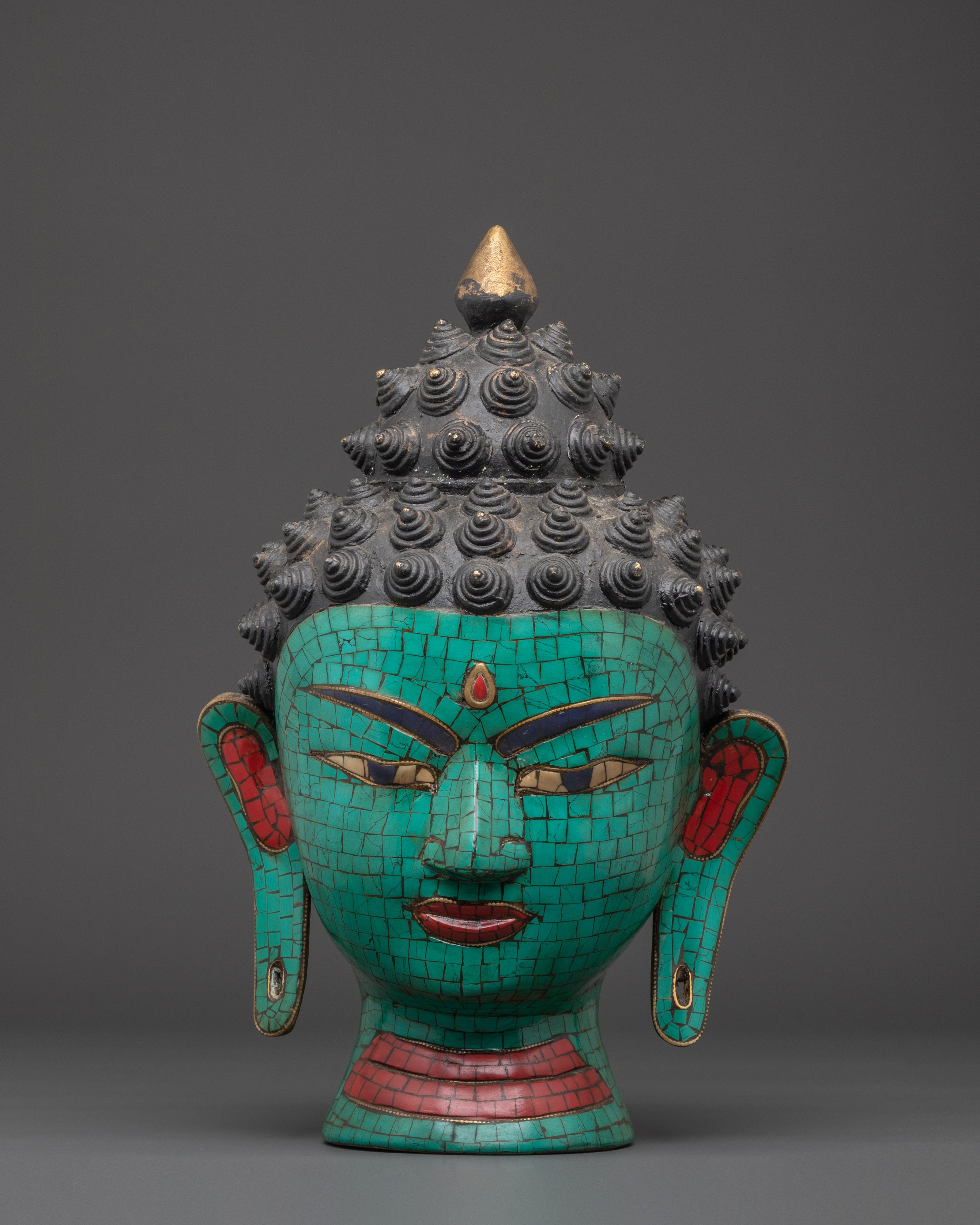 Turquoise Buddha Head Statue | Coral and Turquoise Inlaid