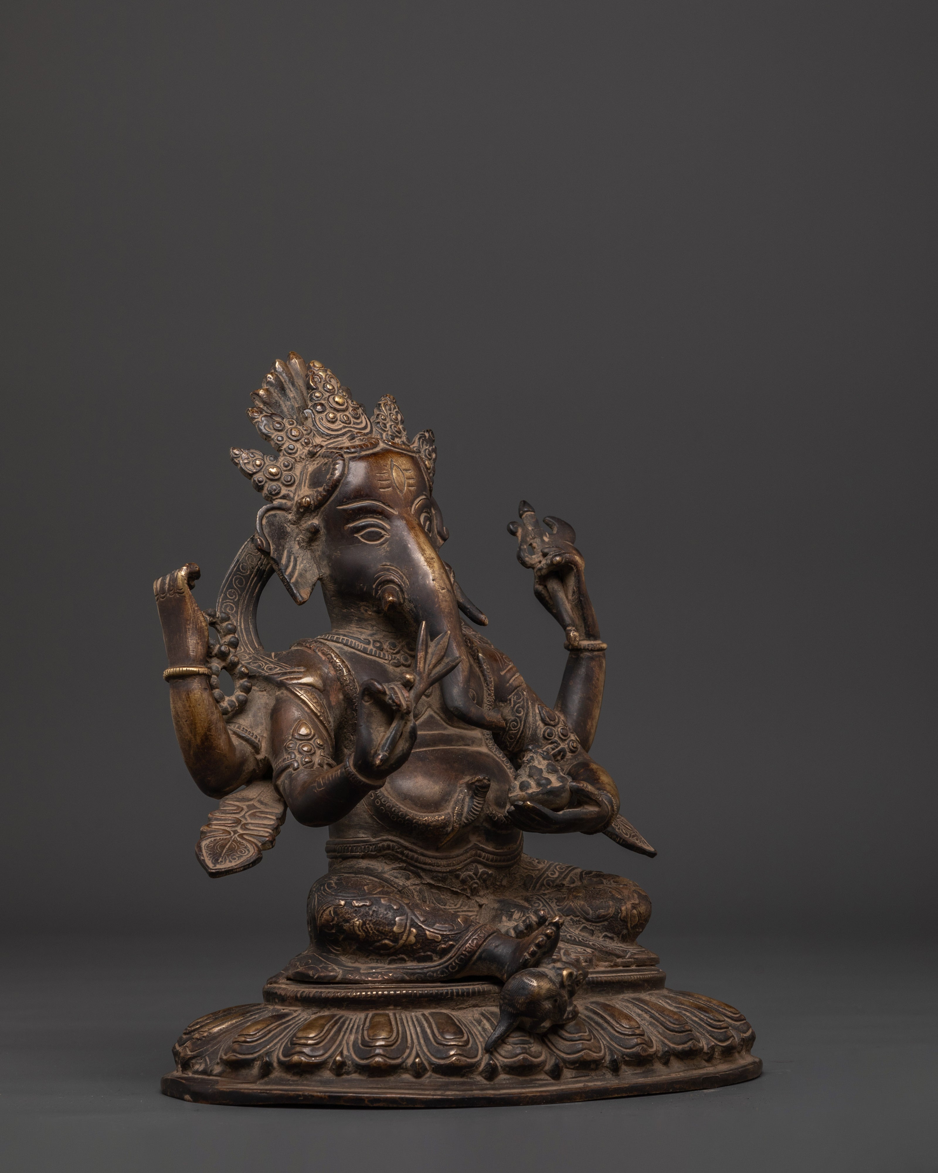 Sacred Ganesh Sculpture | Handcrafted Oxidized Brass Ganesha Statue