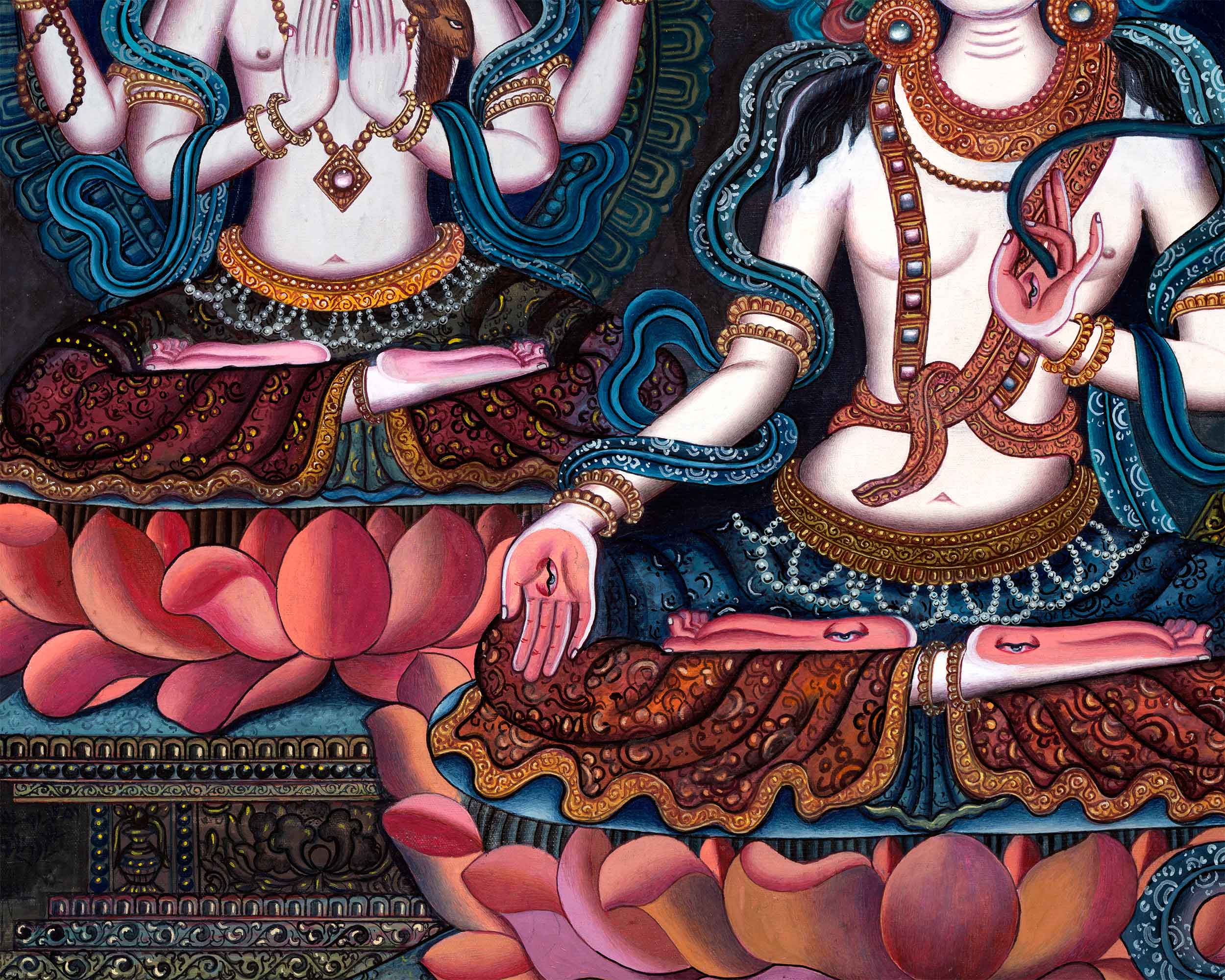 Newari Print Of Green Tara and White Tara With Chenrezig | Highly-Revered Deities Of Buddhism