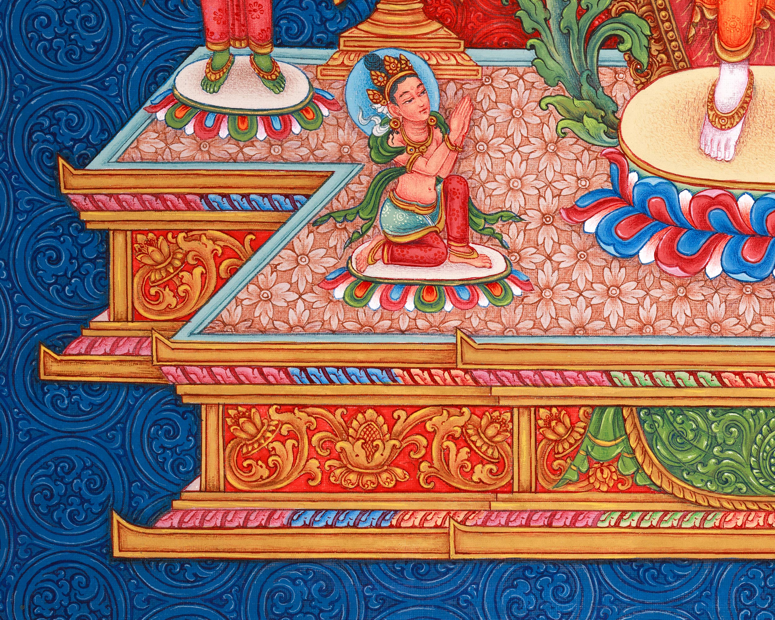 Standing Avalokiteshvara (Guanyin) Thangka Print | 5 Dhyani Buddhas | High-Quality Giclee Print for Meditation | Paubha Painting