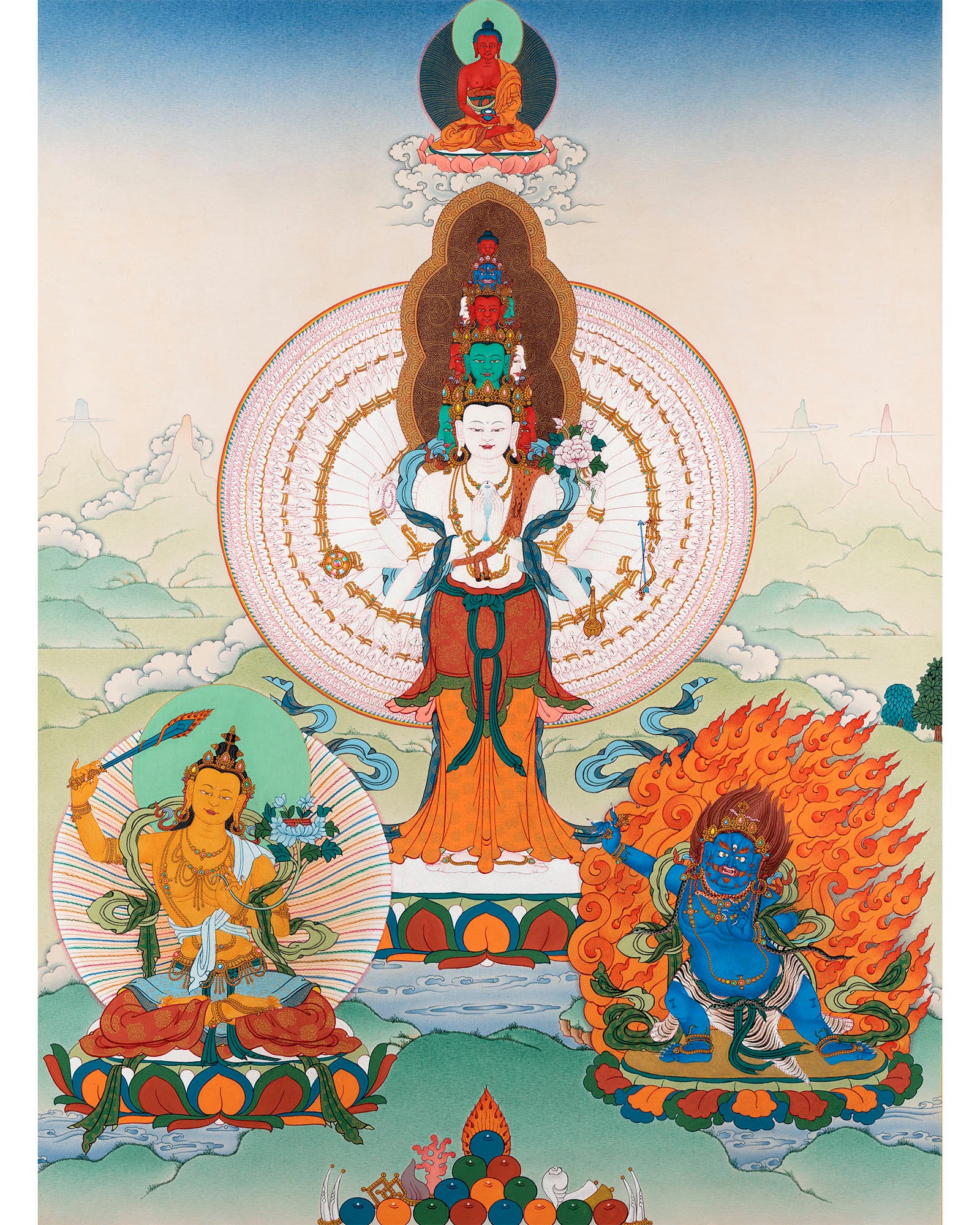 1000 armed Chenrezig, Manjushri & Vajrapani, Thangka Painting