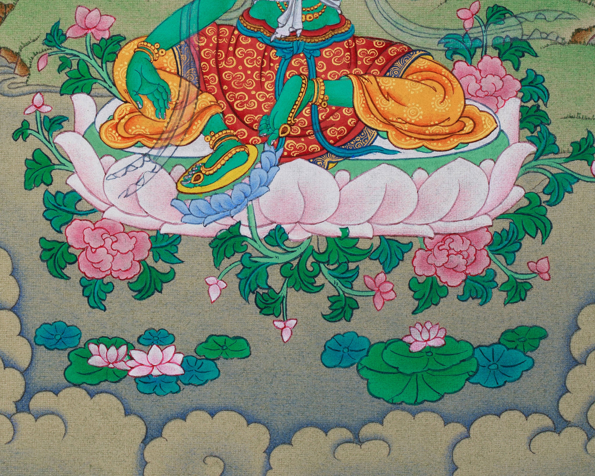 Green Tara: Small but Detailed Thangka in Lhasa Stone Colors