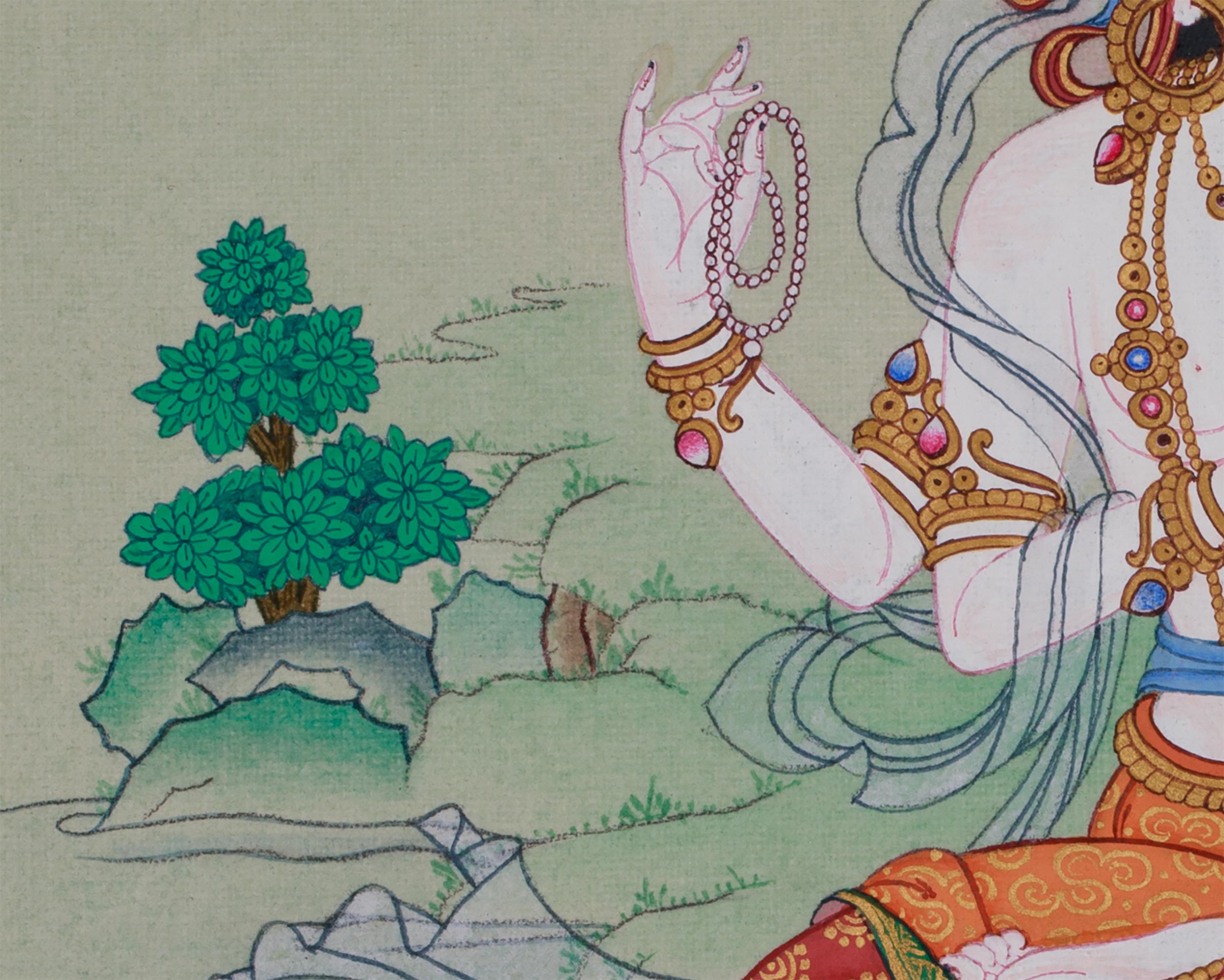 Hand-Painted Mini Chenrezig Thangka | Tibetan Buddha Art of Compassion and Protection