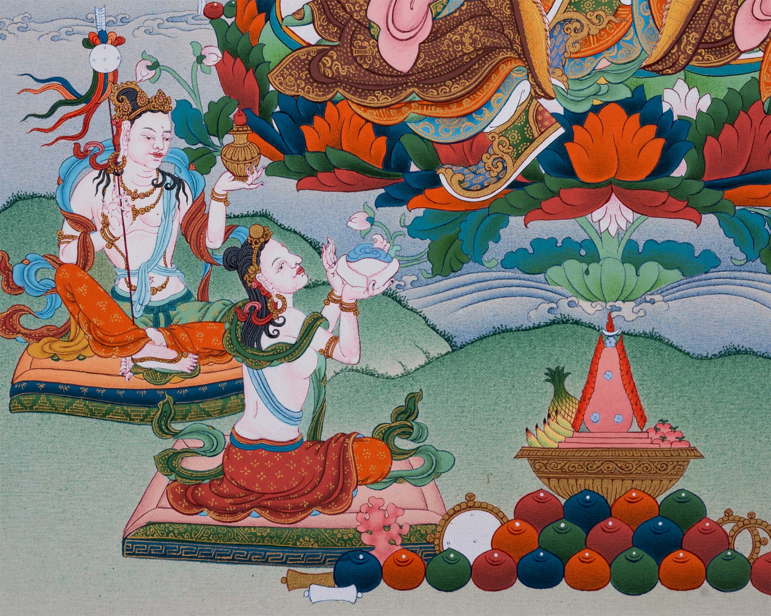 Guru Rinpoche Thangka with Mandarva and Yeshe Tsogyal | Amitabha Buddha Atop