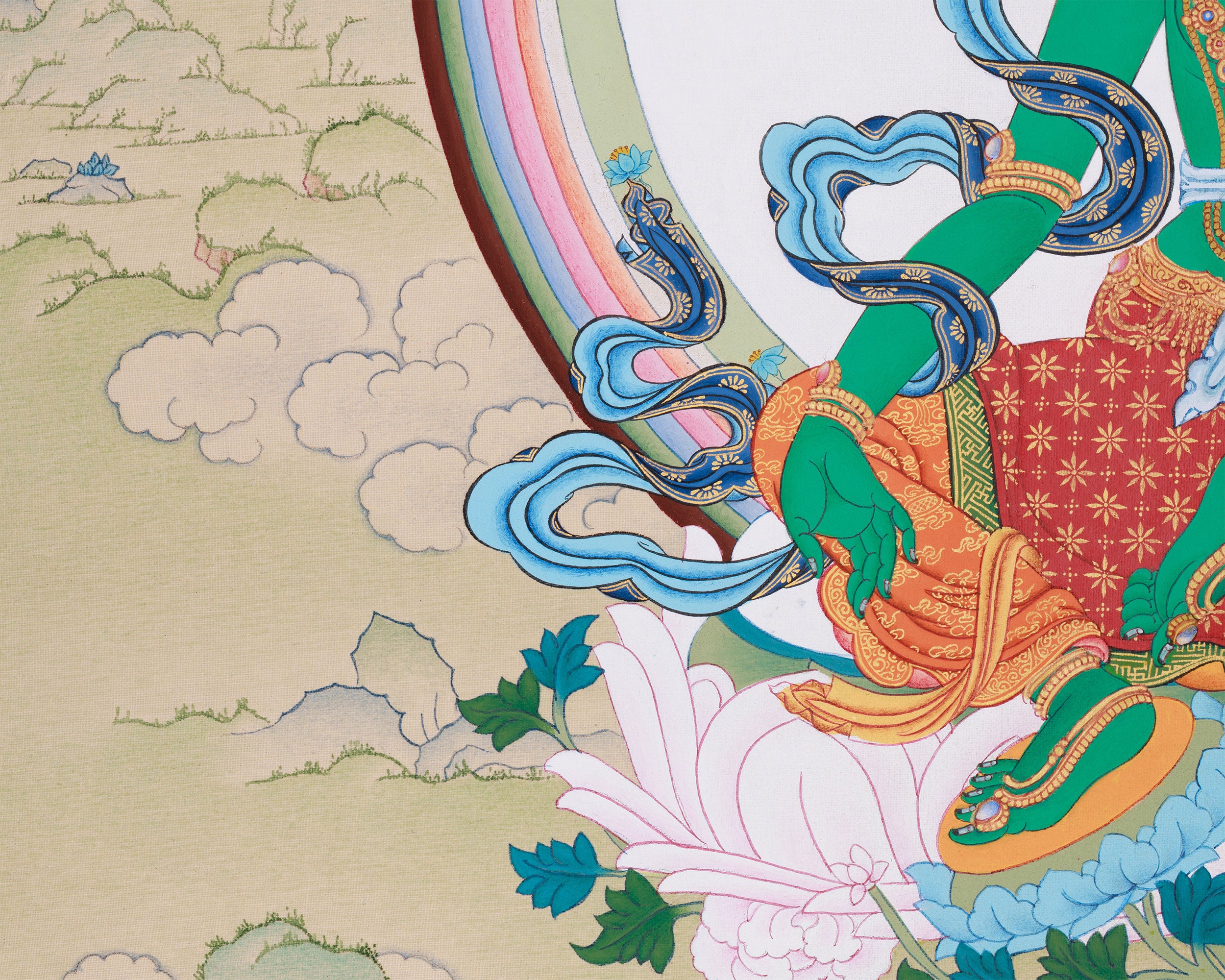 Uniquely Hand-Painted Green Tara Protection Deity Thangka | Featuring Amitabha Buddha