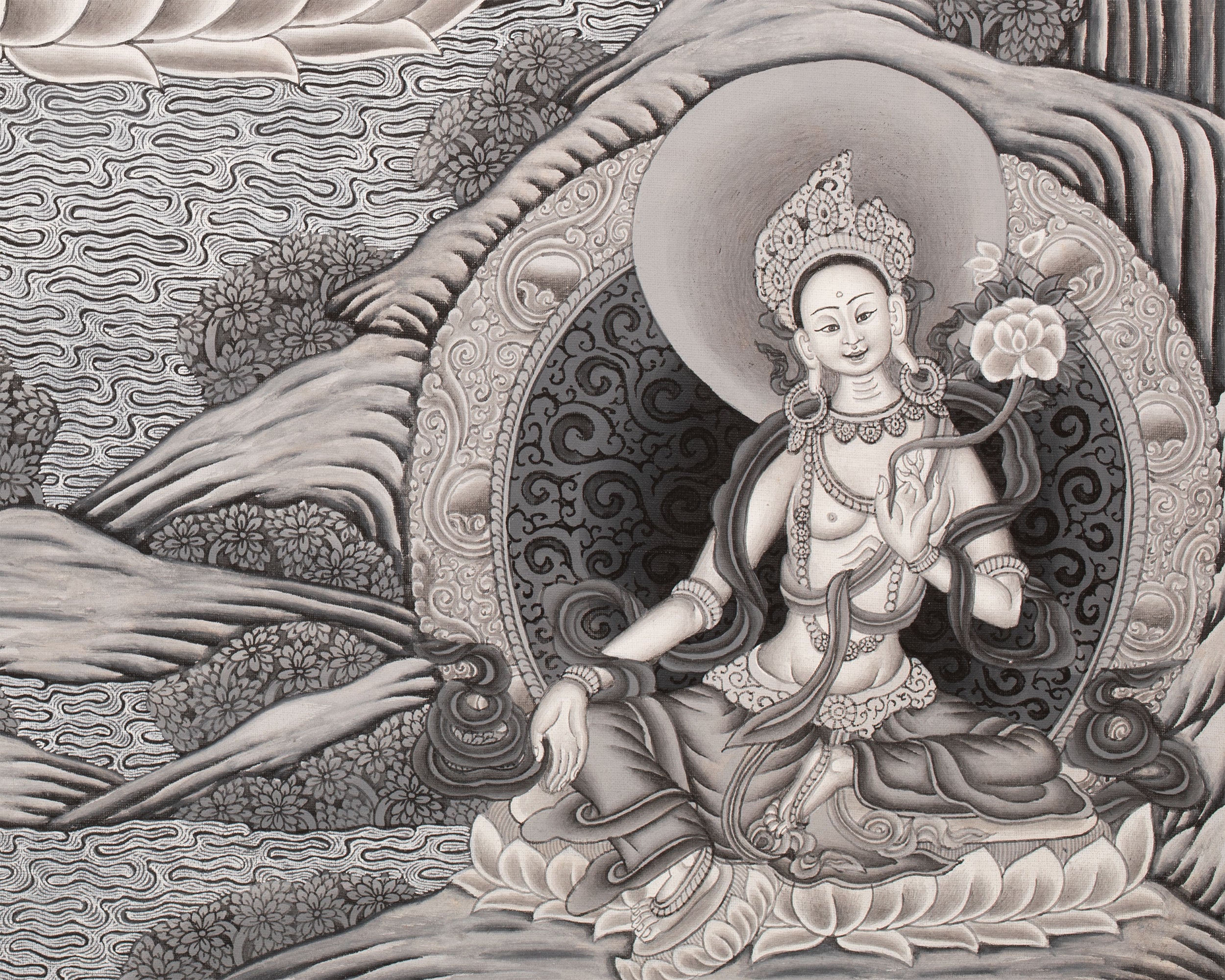 Avalokiteshvara Thangka flanked by Green and White Tara | Original Hand Painted Black & White Newari Style Bodhisattva Thangka