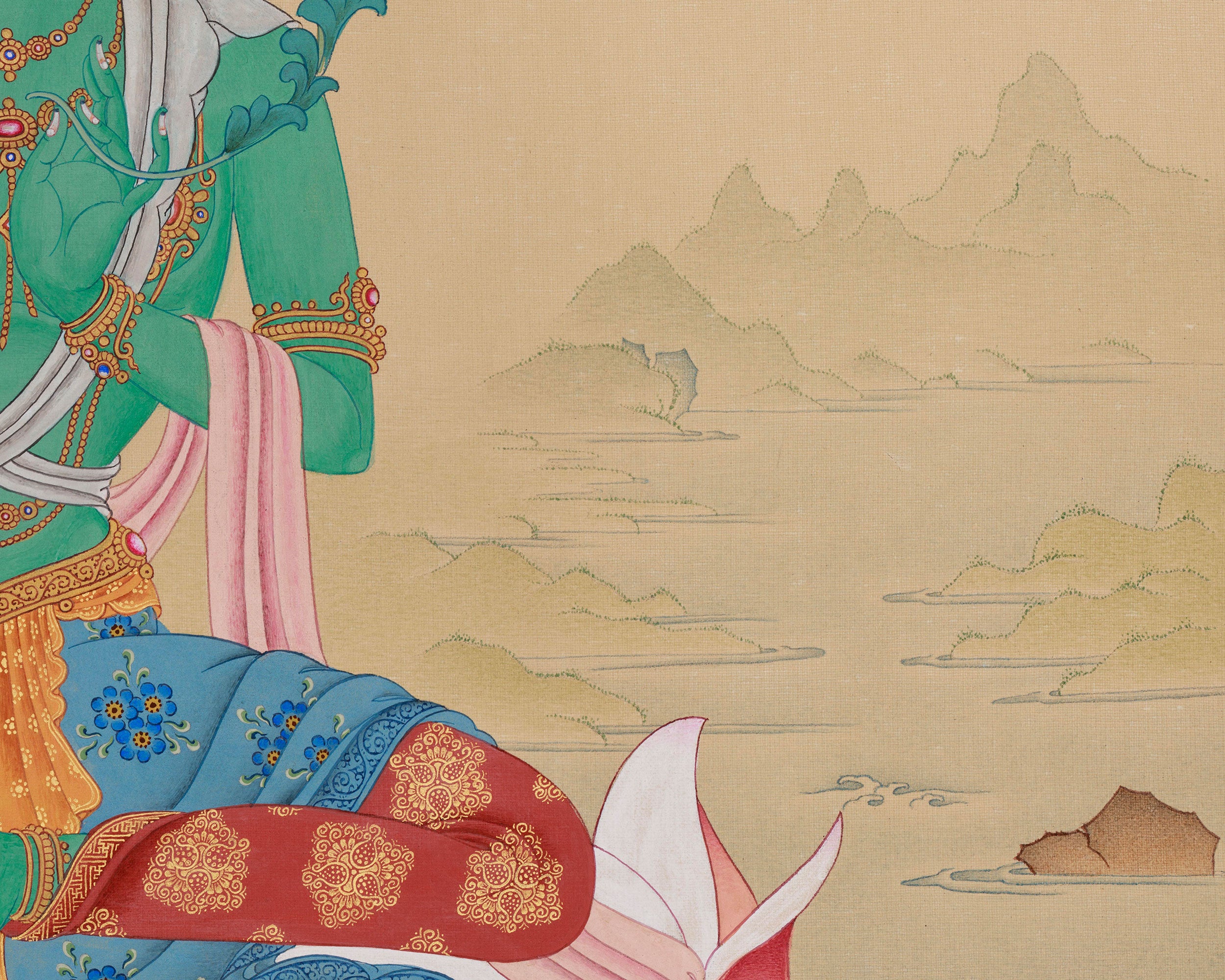 Beautiful Tibetan Female Buddha Green Tara Thangka | The Compassionate Savior of the Universe