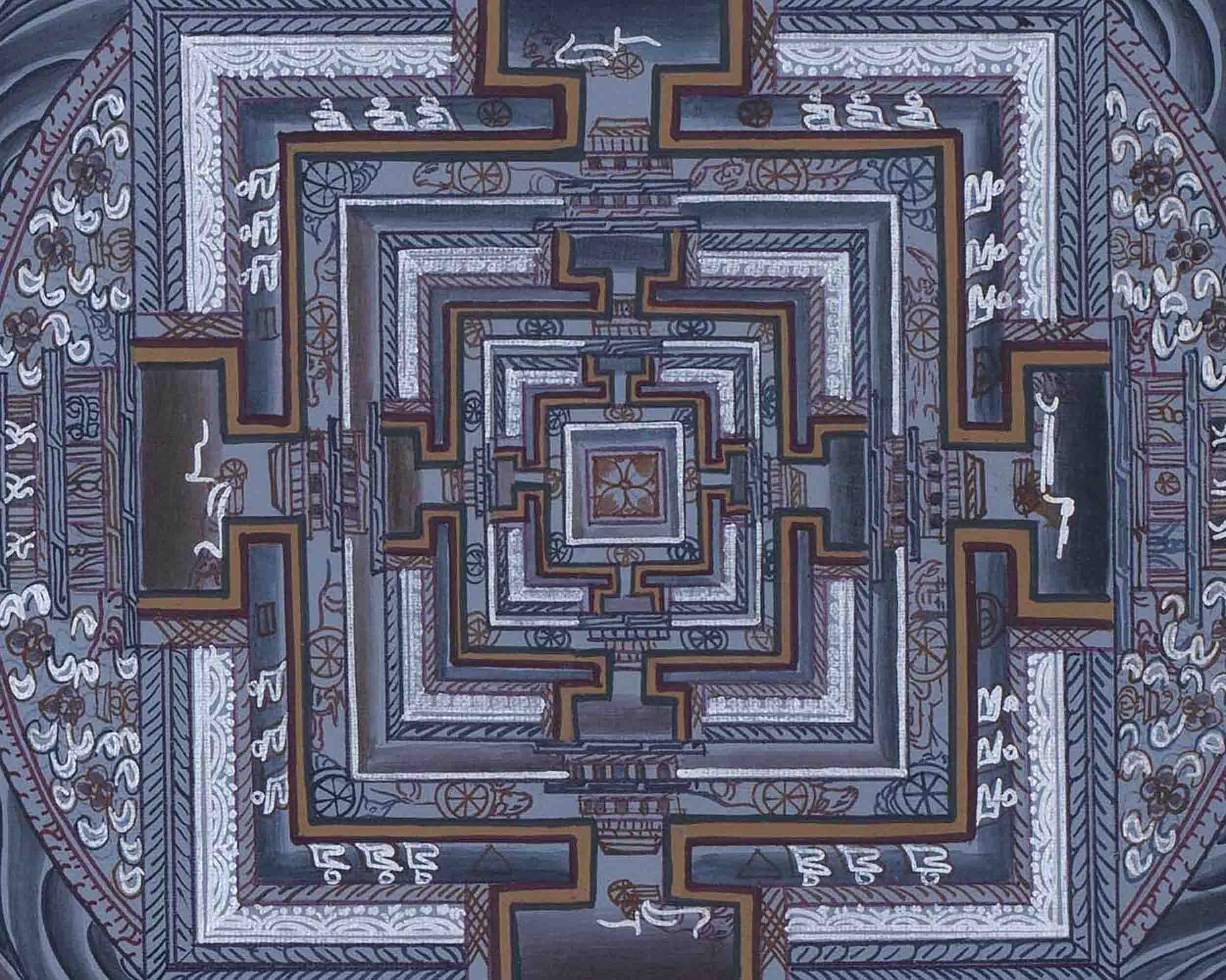 Grey Colored Kalachakra Mandala Thangka With Silver