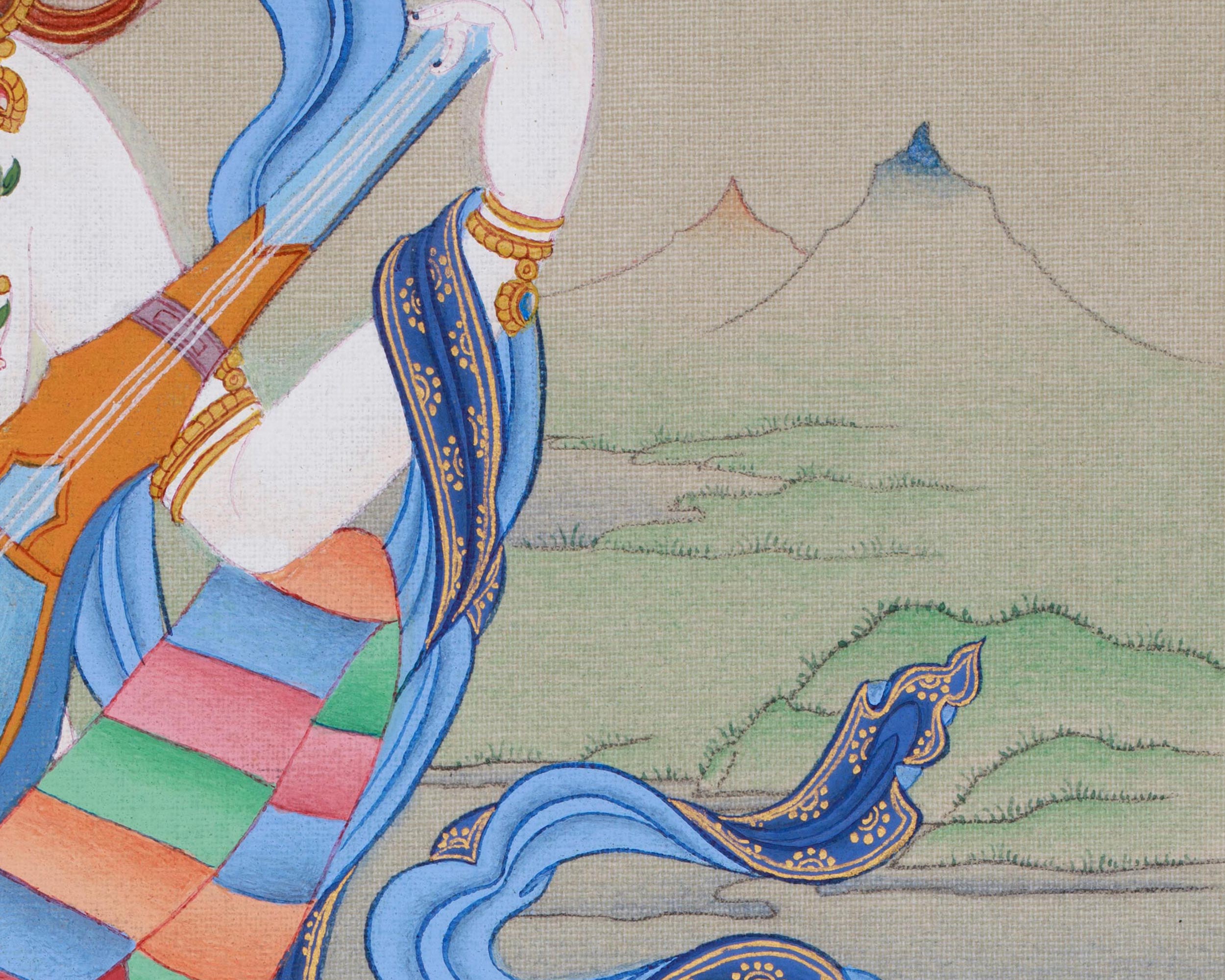 Wisdom Goddess Saraswati | A Sacred Thangka of Knowledge and Creativity
