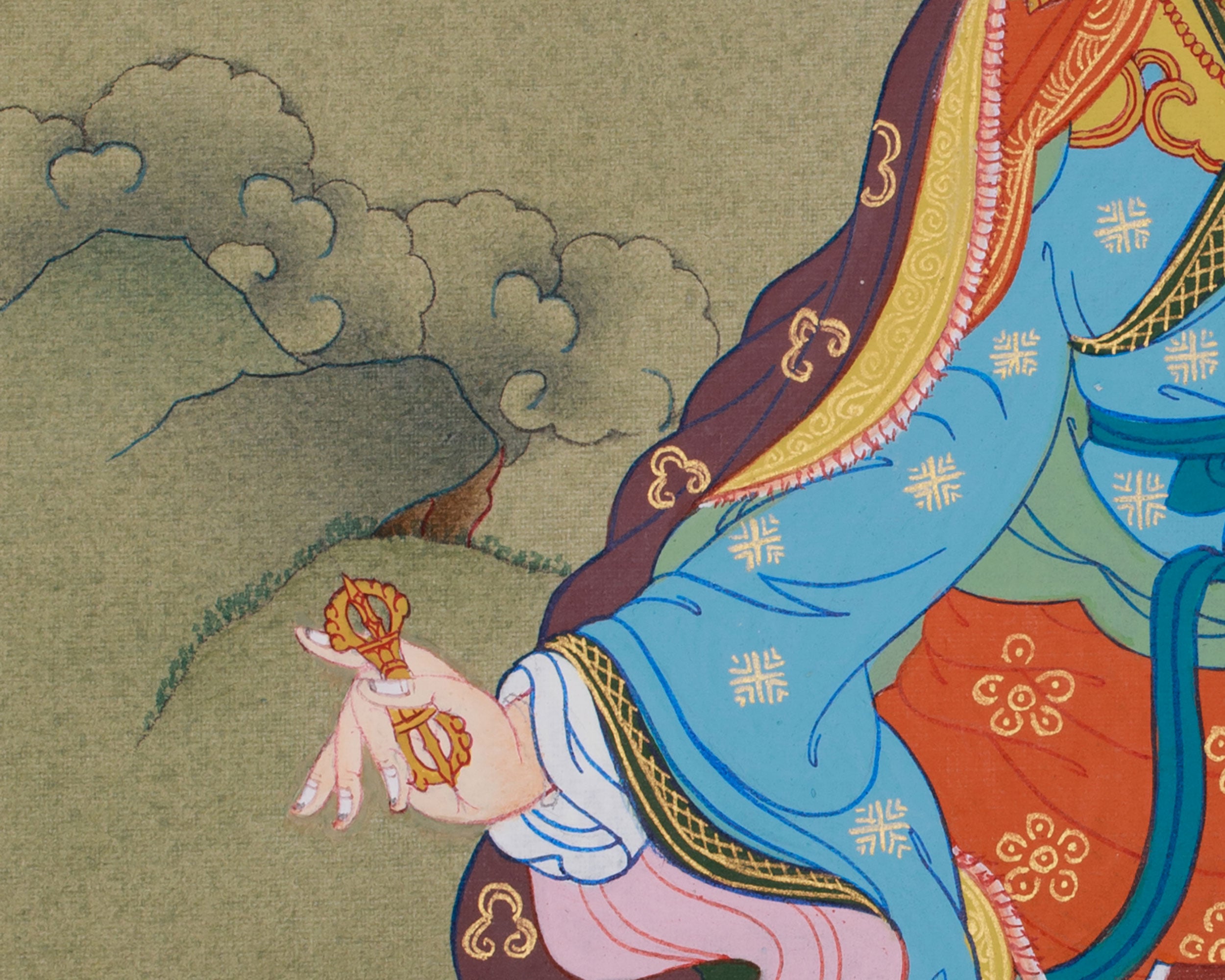Tibetan Guru Rinpoche Painting with Brocade | Padmasambhava, the Second Buddha of Tibet